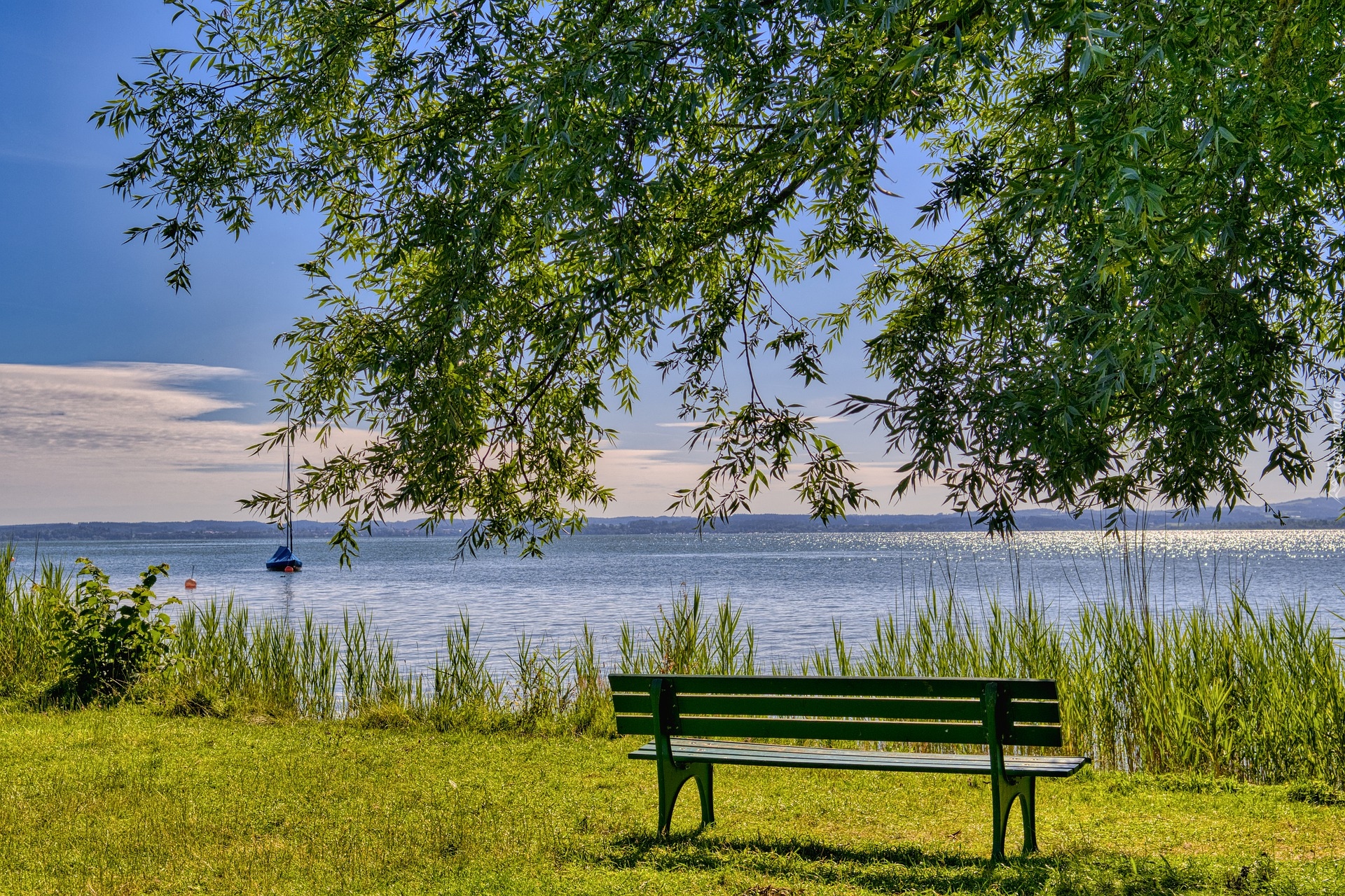 Jezioro, Ławka, Drzewo, Łódka