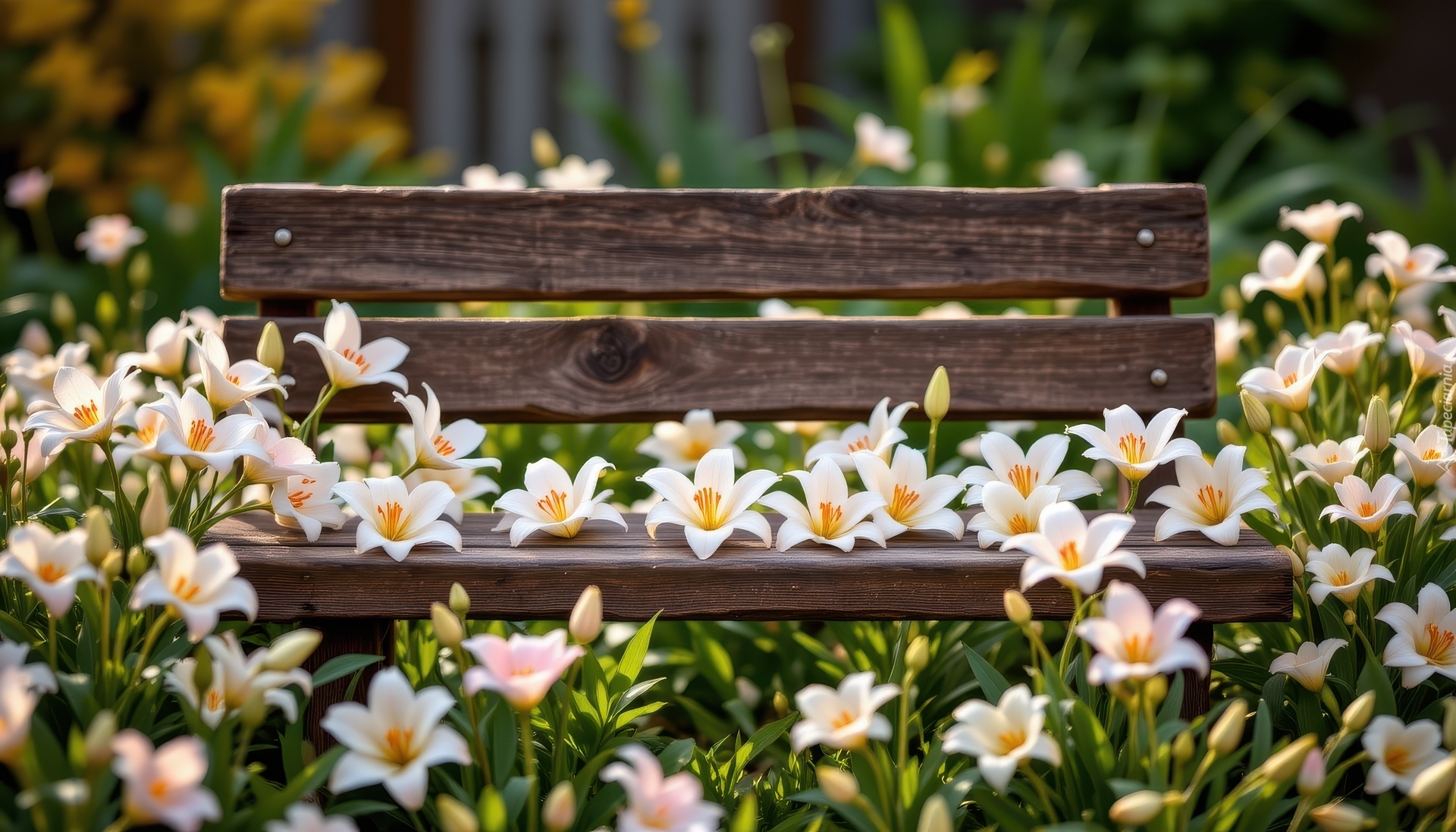 Białe, Kwiaty, Lilie, Ławka