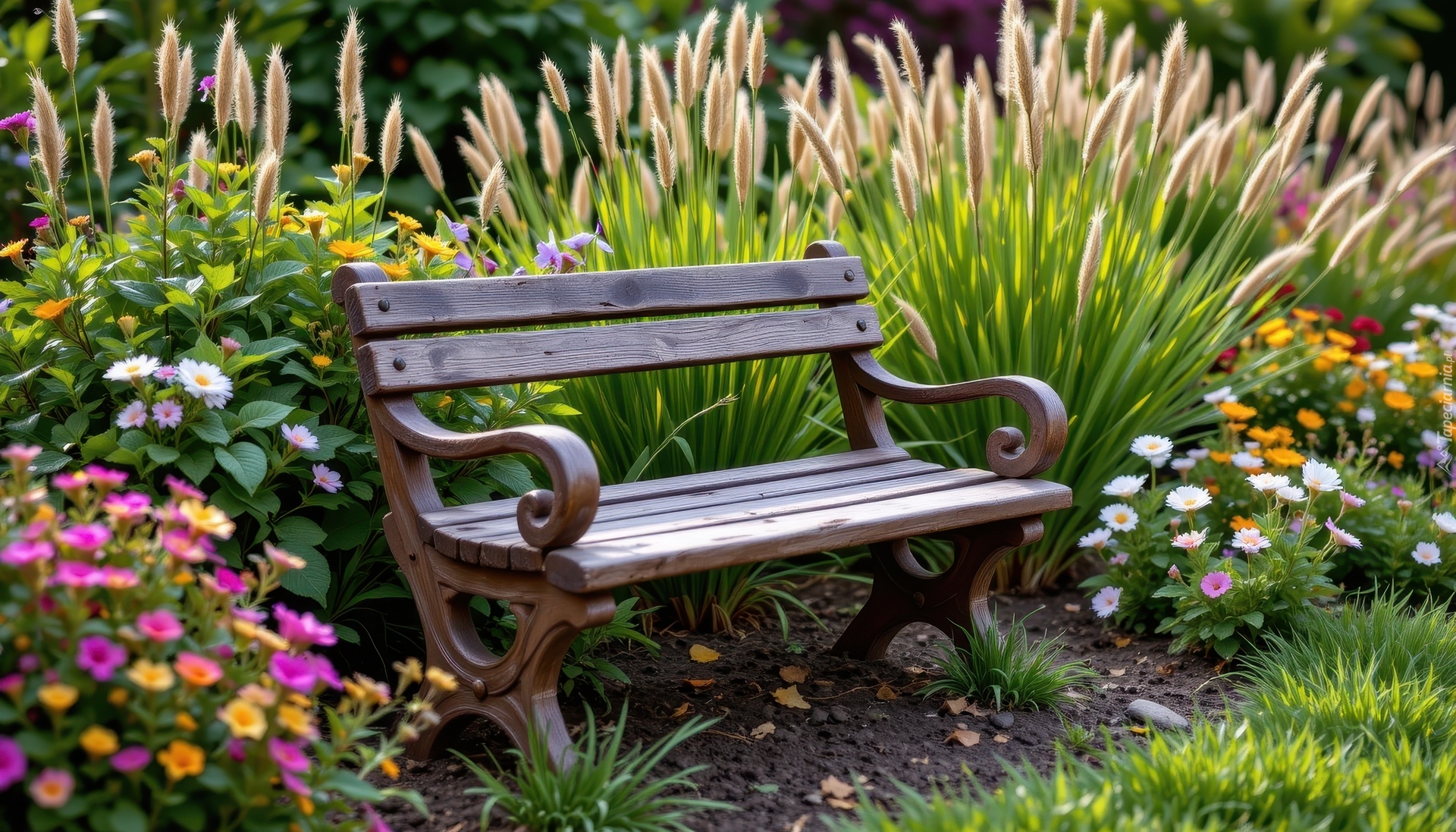 Ogród, Ławka, Kwitnące, Kwiaty, Wysokie, Trawy, Grafika AI