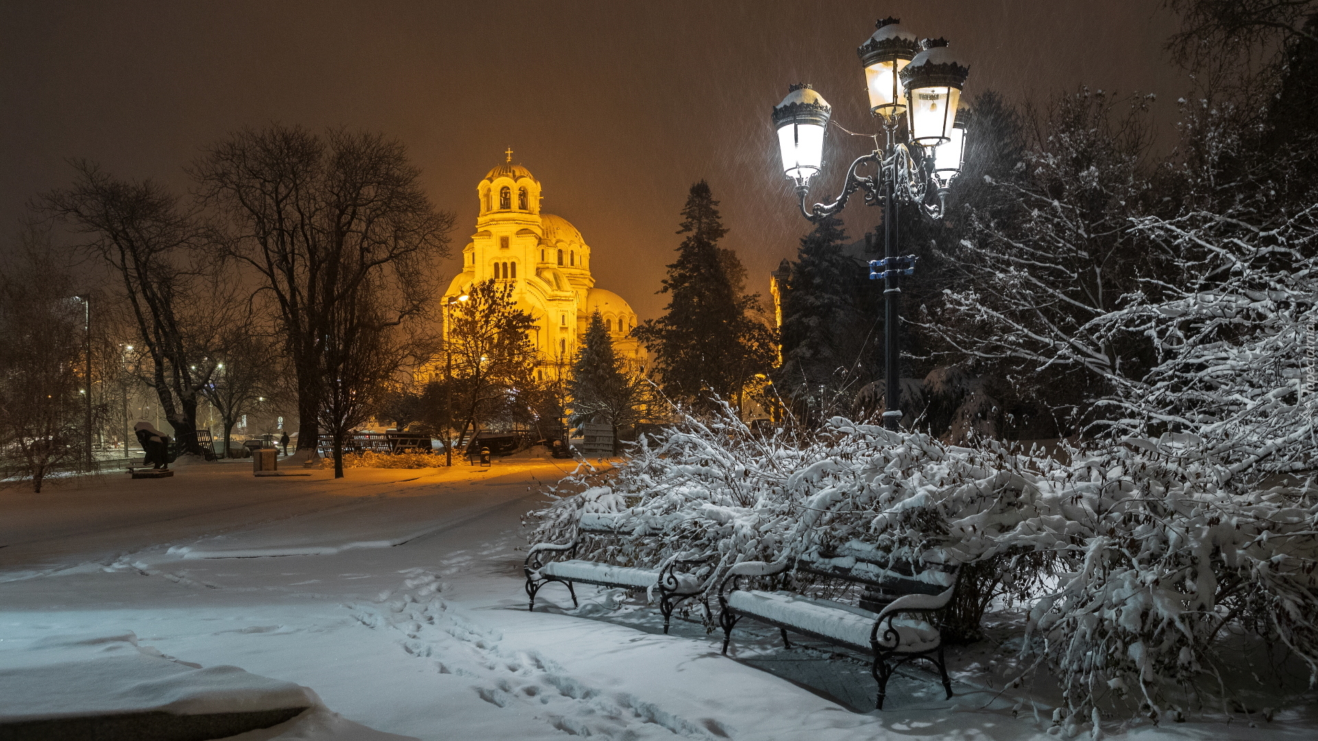 Park, Zima, Oświetlona, Cerkiew, Drzewa, Krzewy, Ławki, Latarnia, Padający, Śnieg