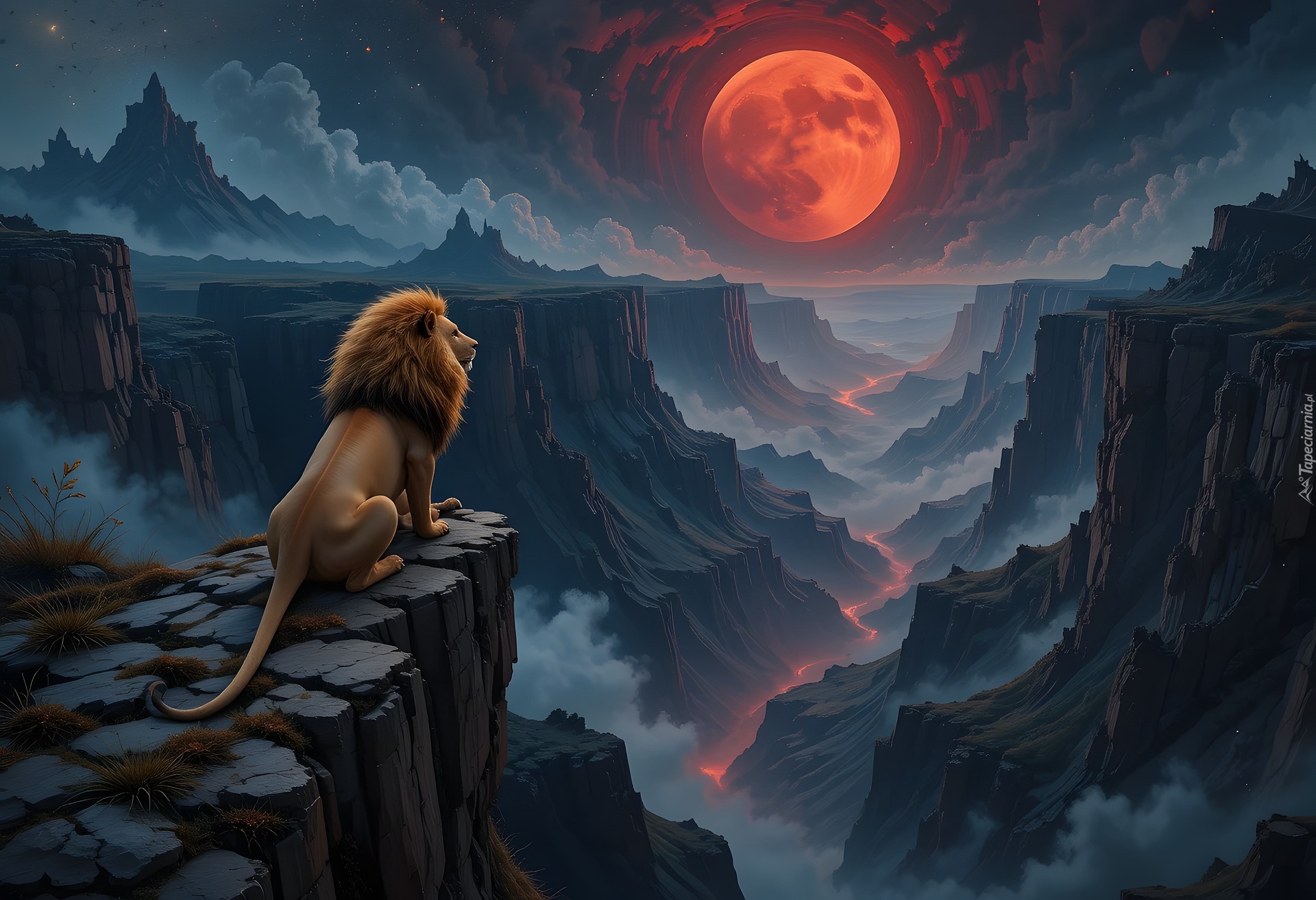 Góry, Skały, Lew, Księżyc, Grafika, Kanion