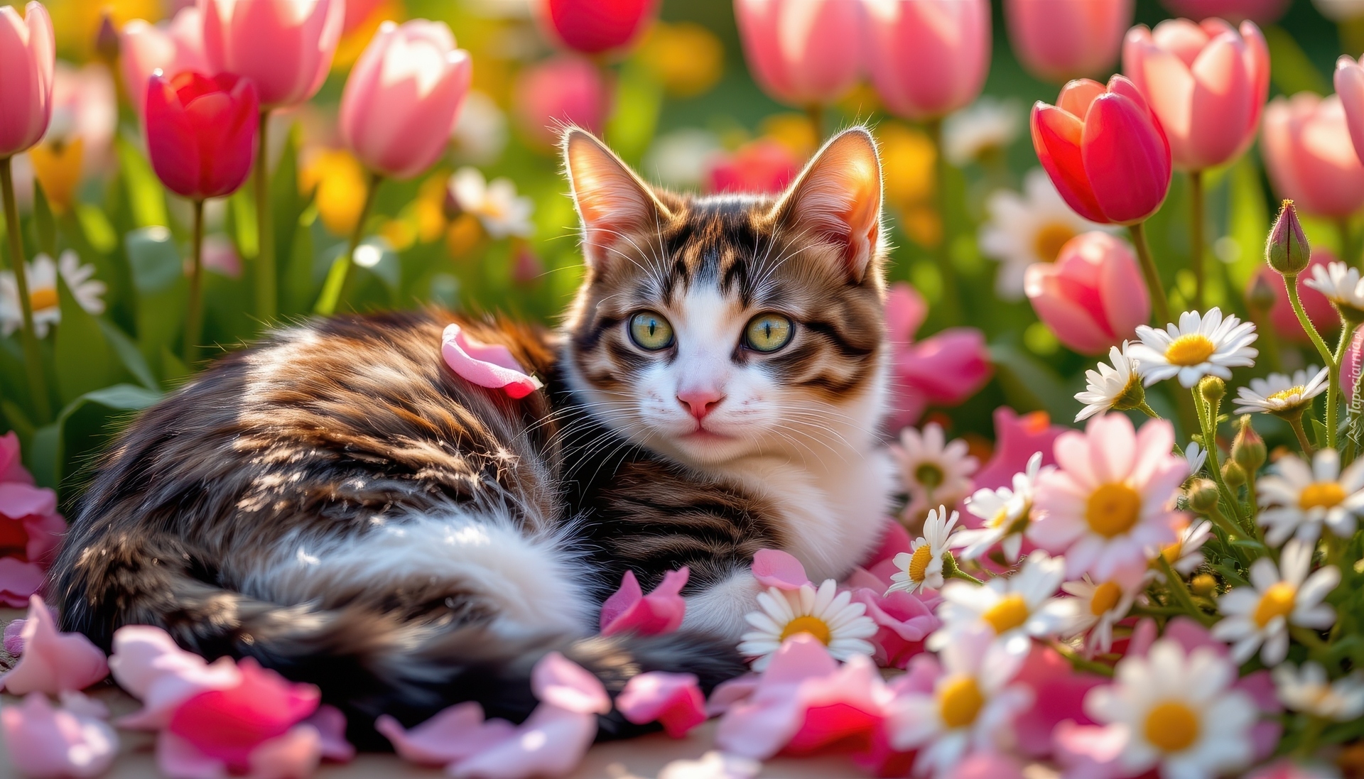 Biało-brązowy, Leżący, Kot, Kolorowe, Kwiaty