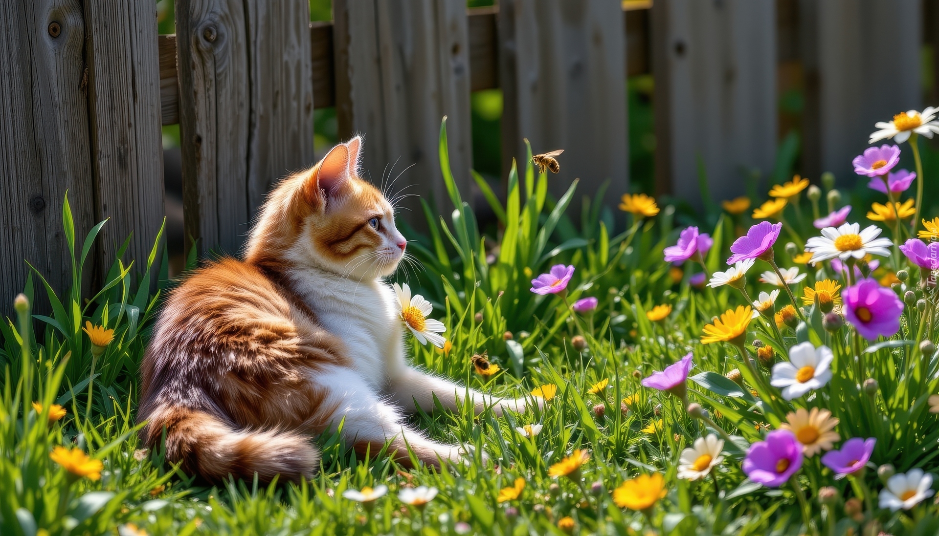 Biało-rudy, Kot, Pszczoła, Kwiaty, Płot