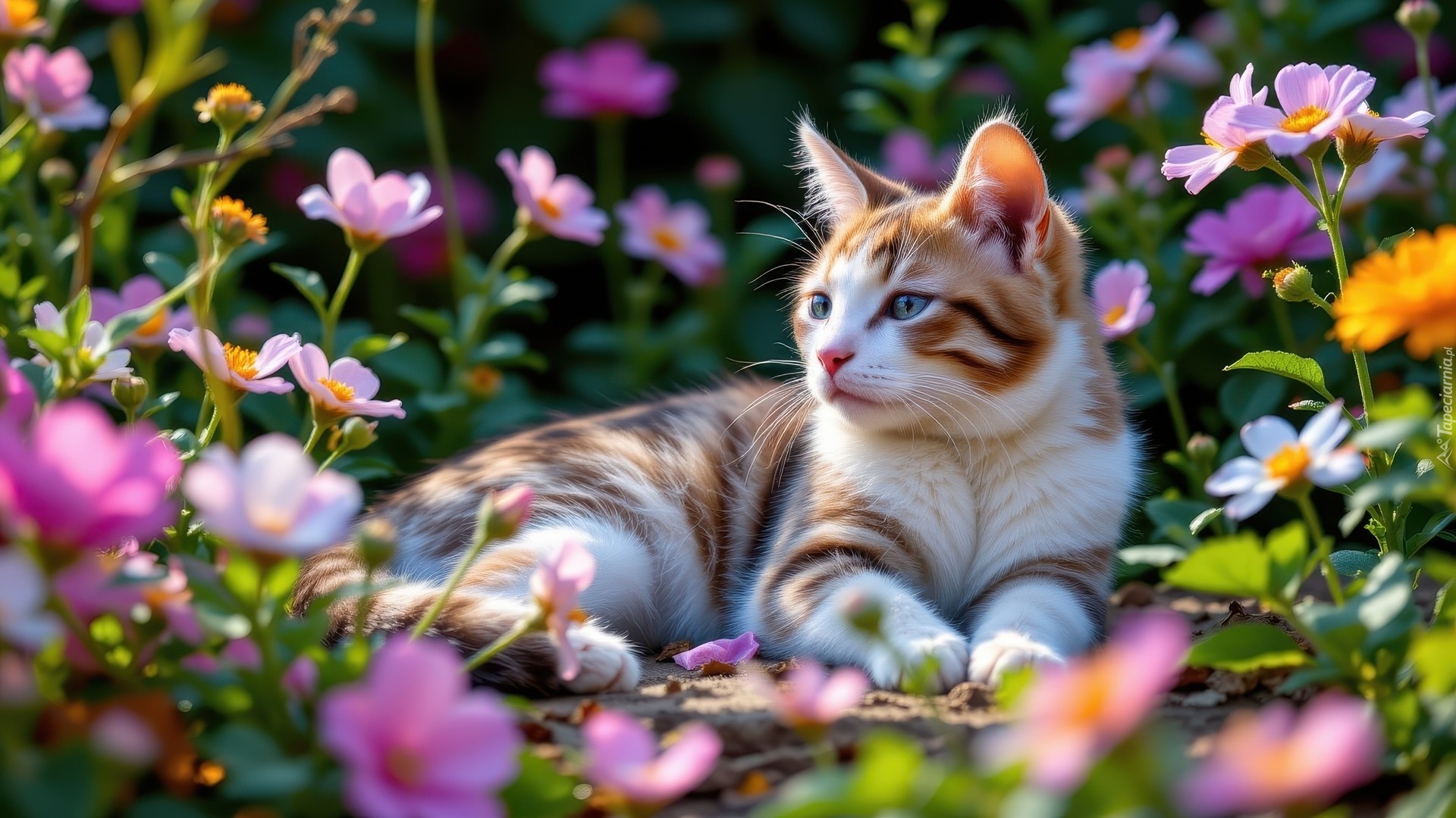 Leżący, Brązowo-biały, Kot, Kolorowe, Kwiaty