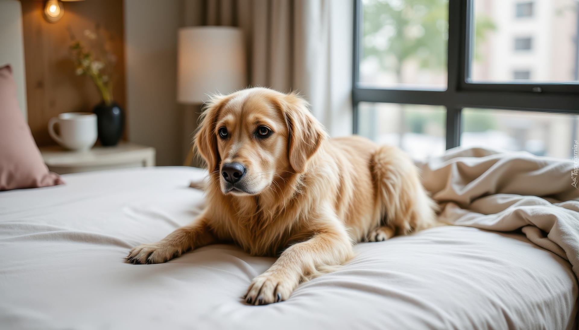 Pies, Golden retriever, Łóżko, Okno