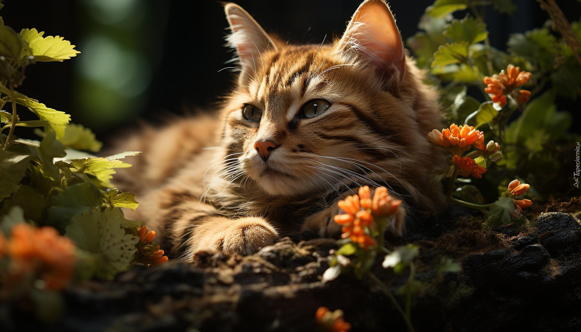Kot, Spojrzenie, Kwiaty, Rośliny