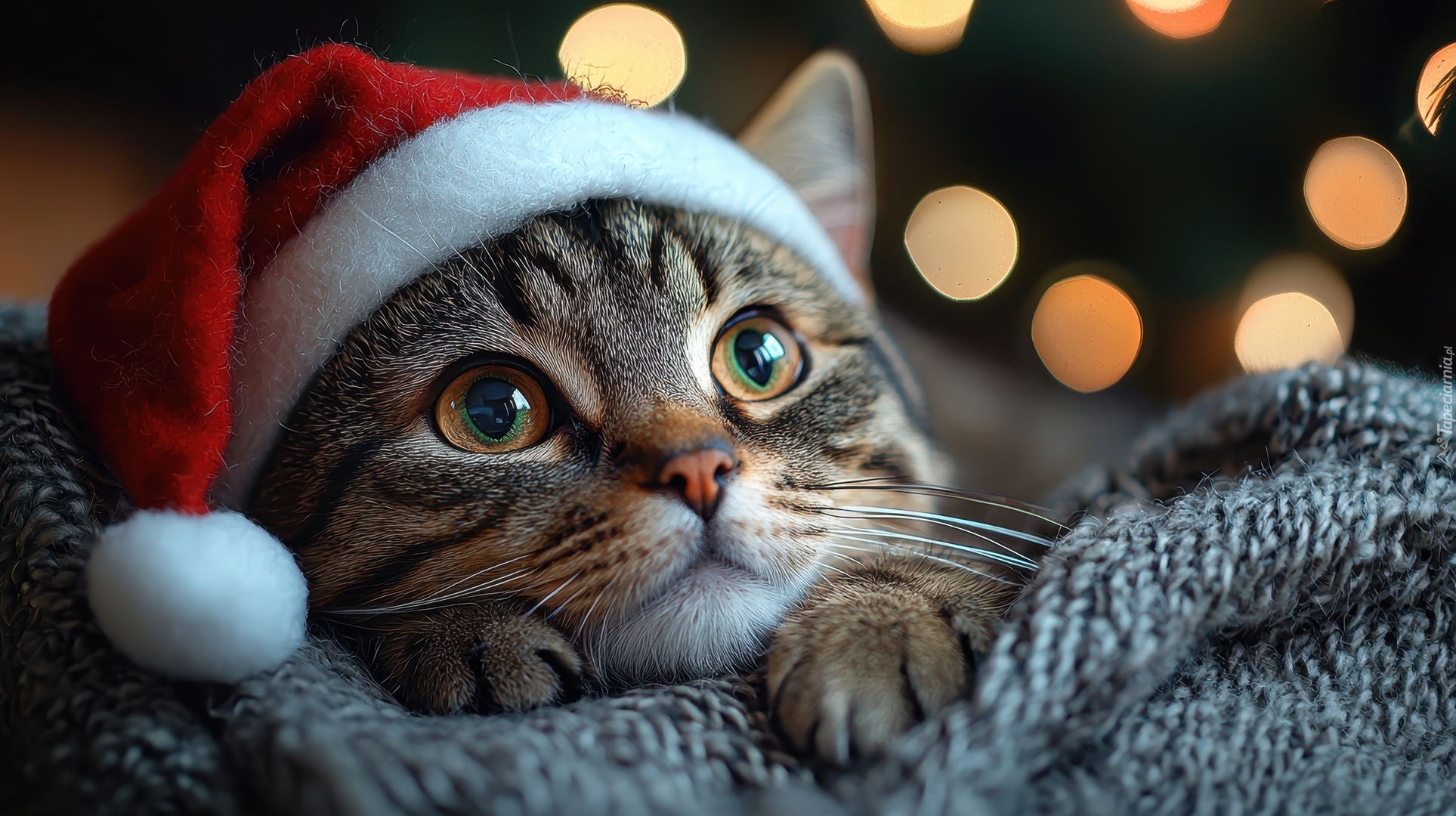 Bury, Kot, Duże, Oczy, Czapka, Mikołaja