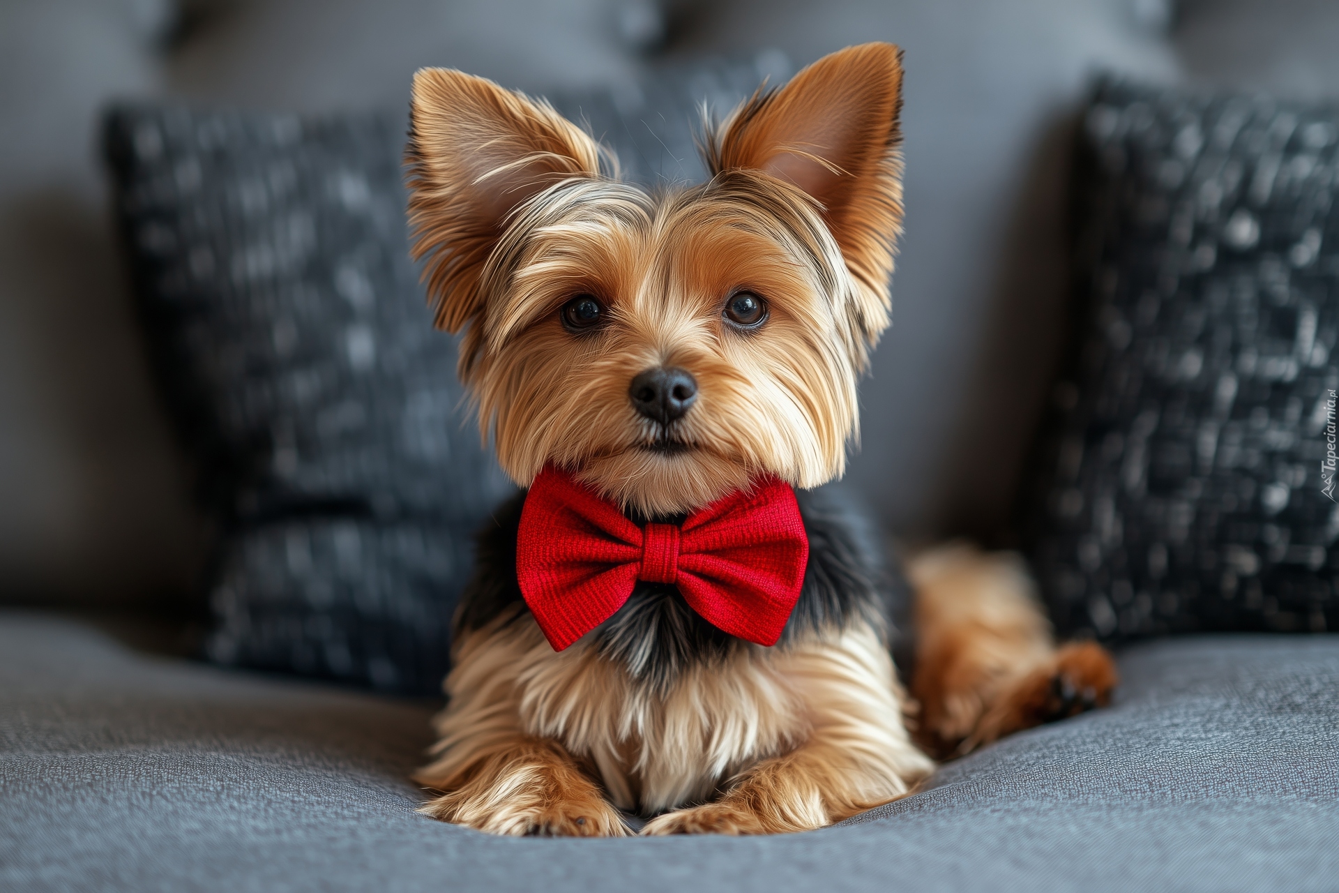 Pies, Yorkshire terrier, Czerwona, Muszka, Poduszki