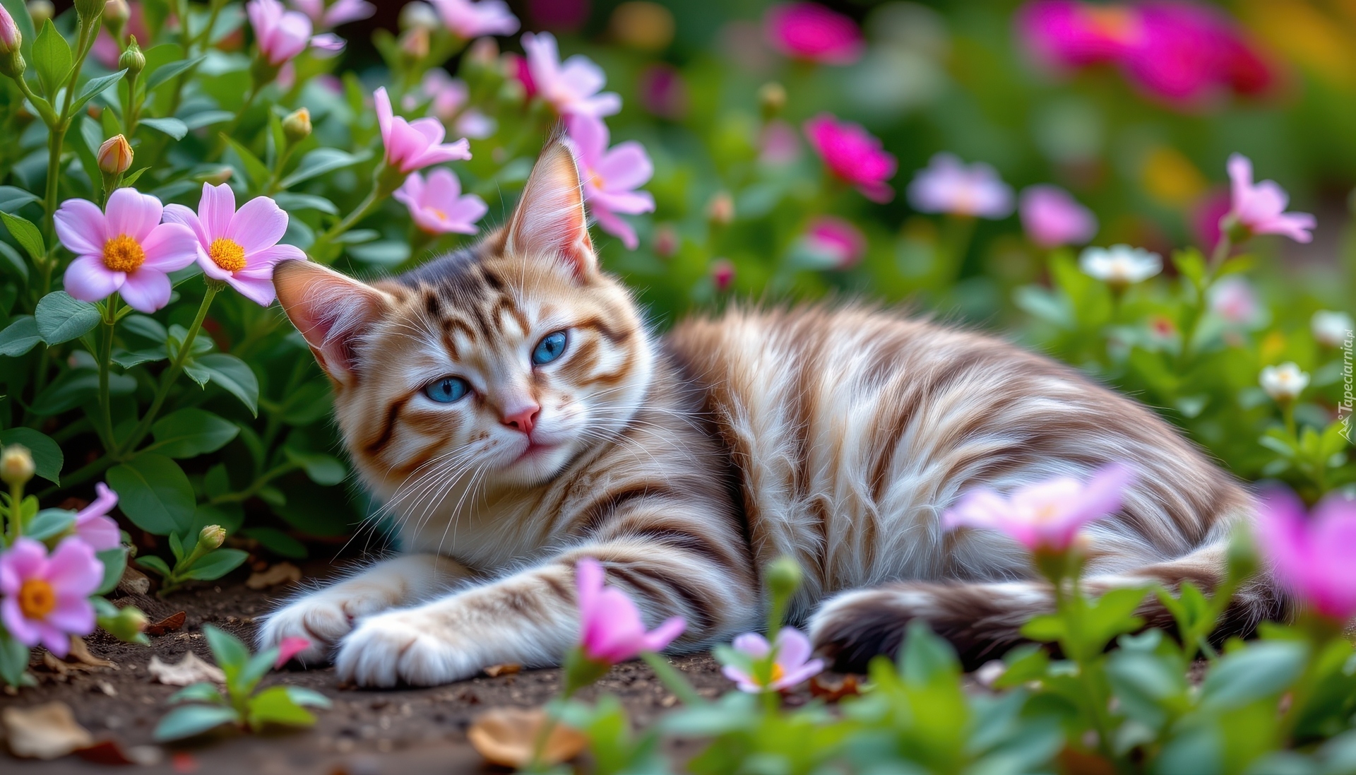 Leżący, Pręgowany, Kot, Kwiaty