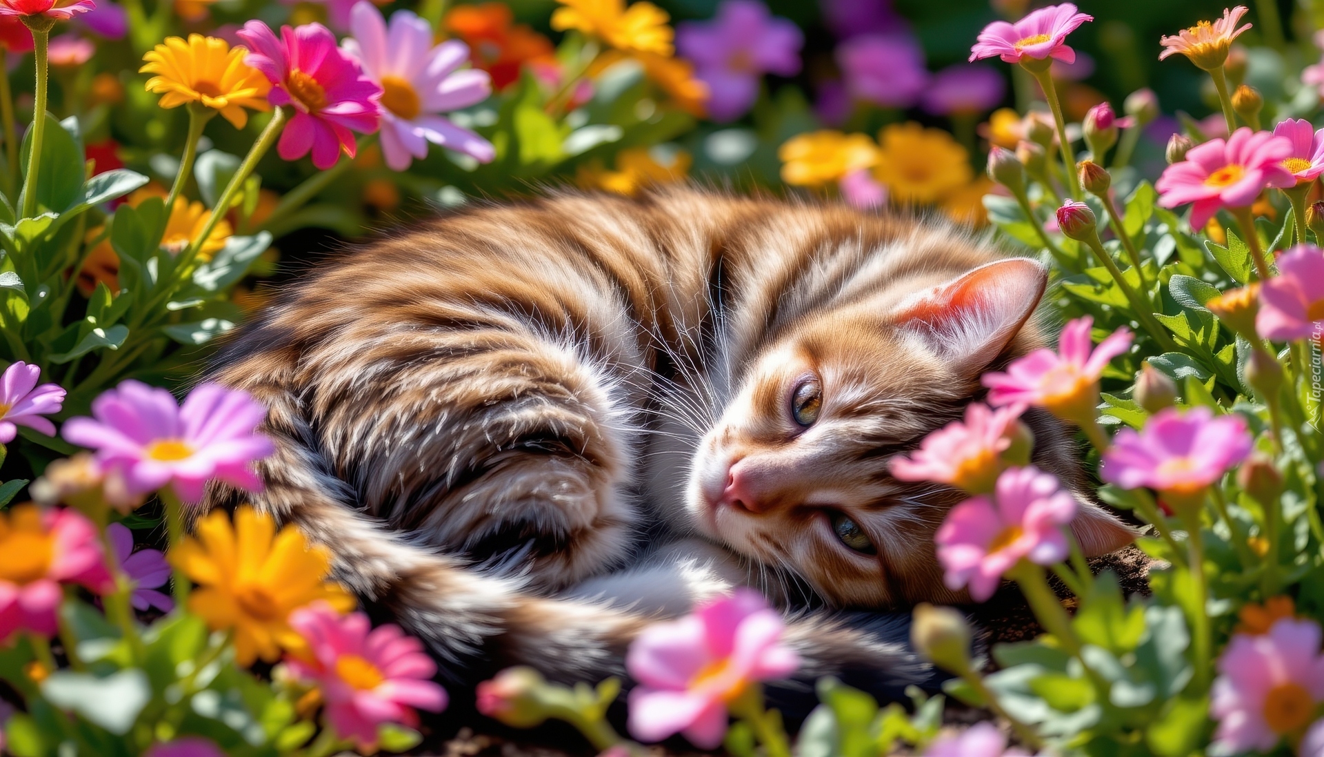 Pręgowany, Leżący, Kot, Kwiaty