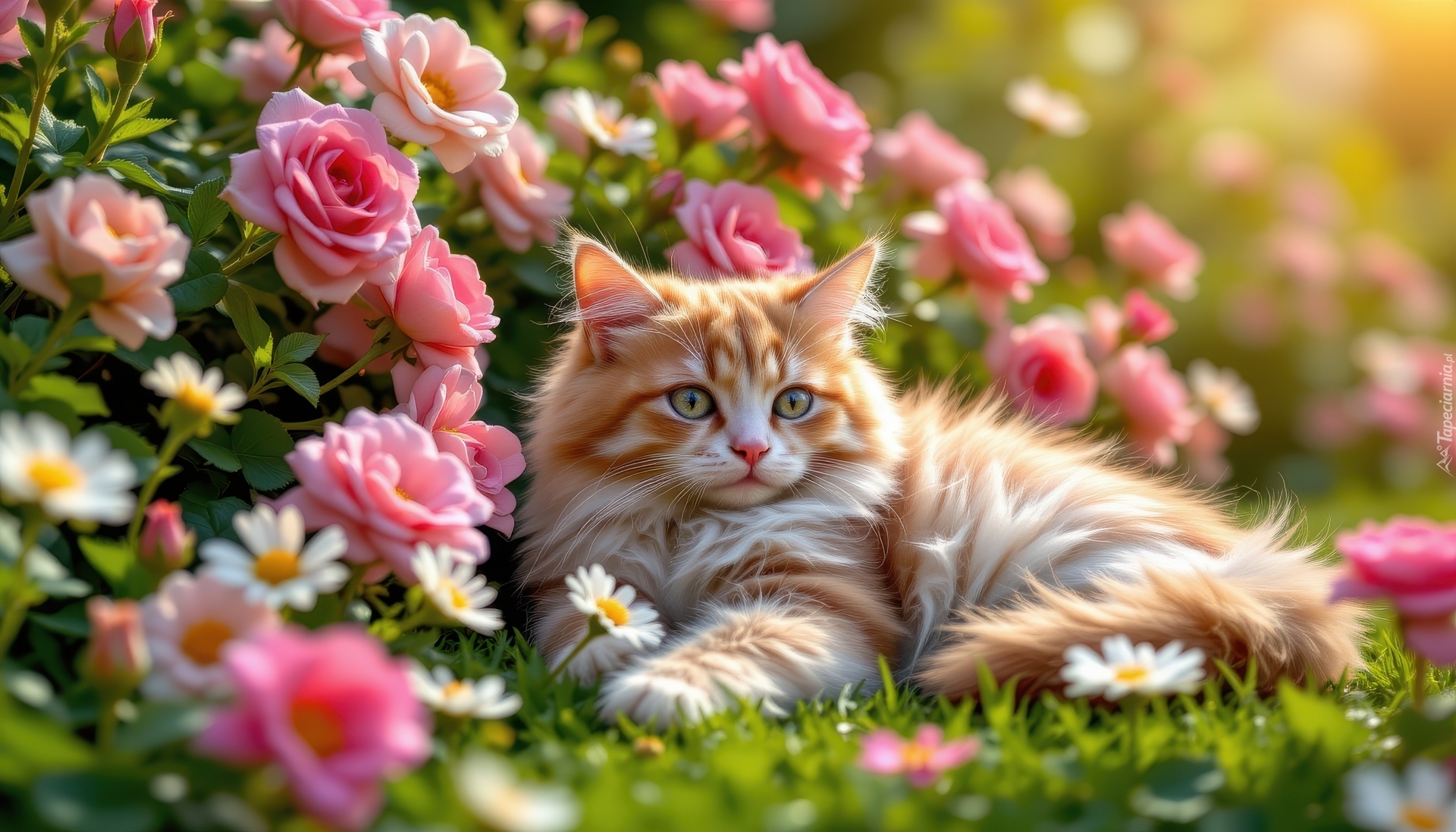 Leżący, Rudo-biały, Kot, Kwiaty
