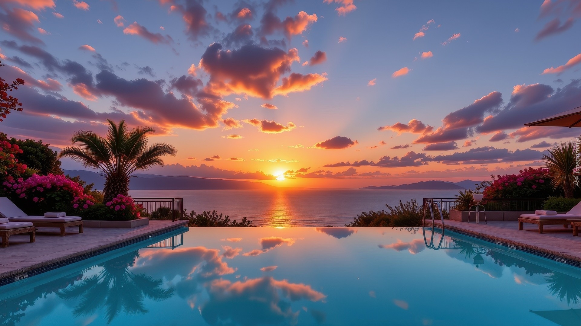Morze, Zachód słońca, Basen, Leżaki, Kwiaty, Palmy