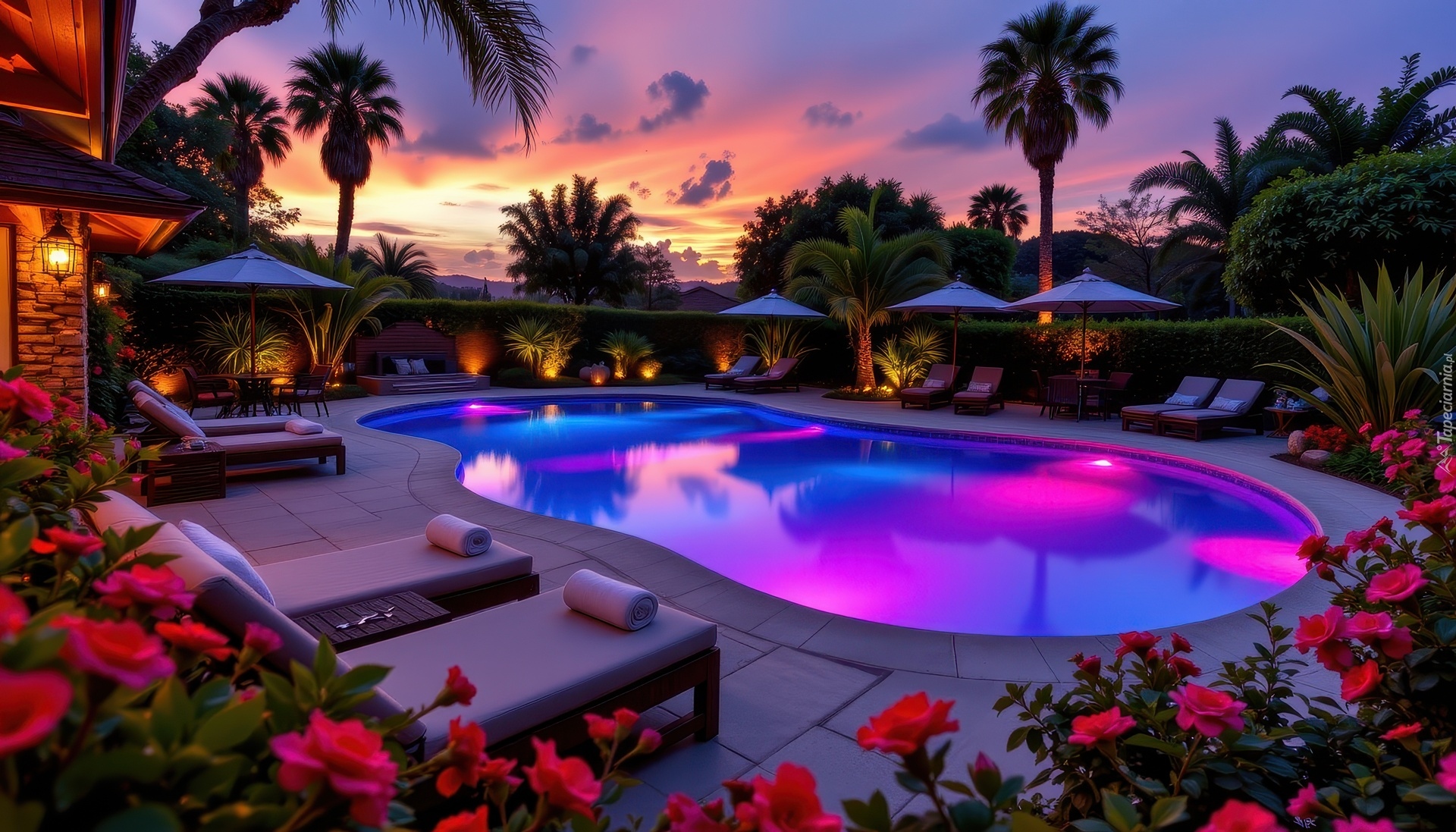 Basen, Ogród, Palmy, Zachód słońca, Grafika AI