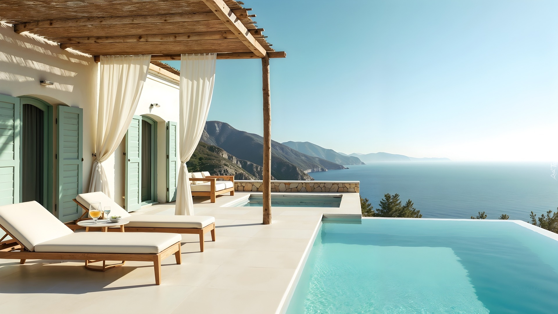 Dom, Basen, Leżaki, Taras, Góry, Morze