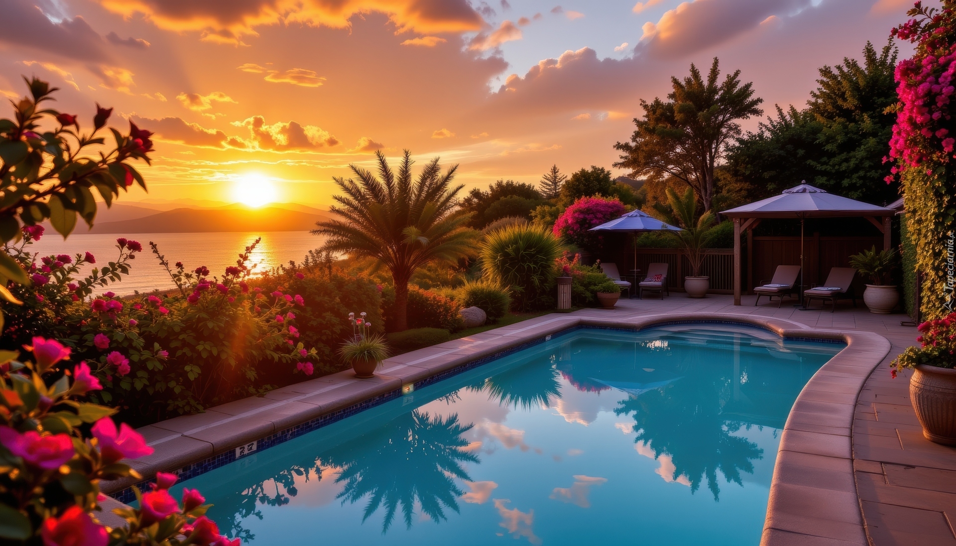 Basen, Leżaki, Palmy, Parasole, Morze, Chmury, Zachód słońca