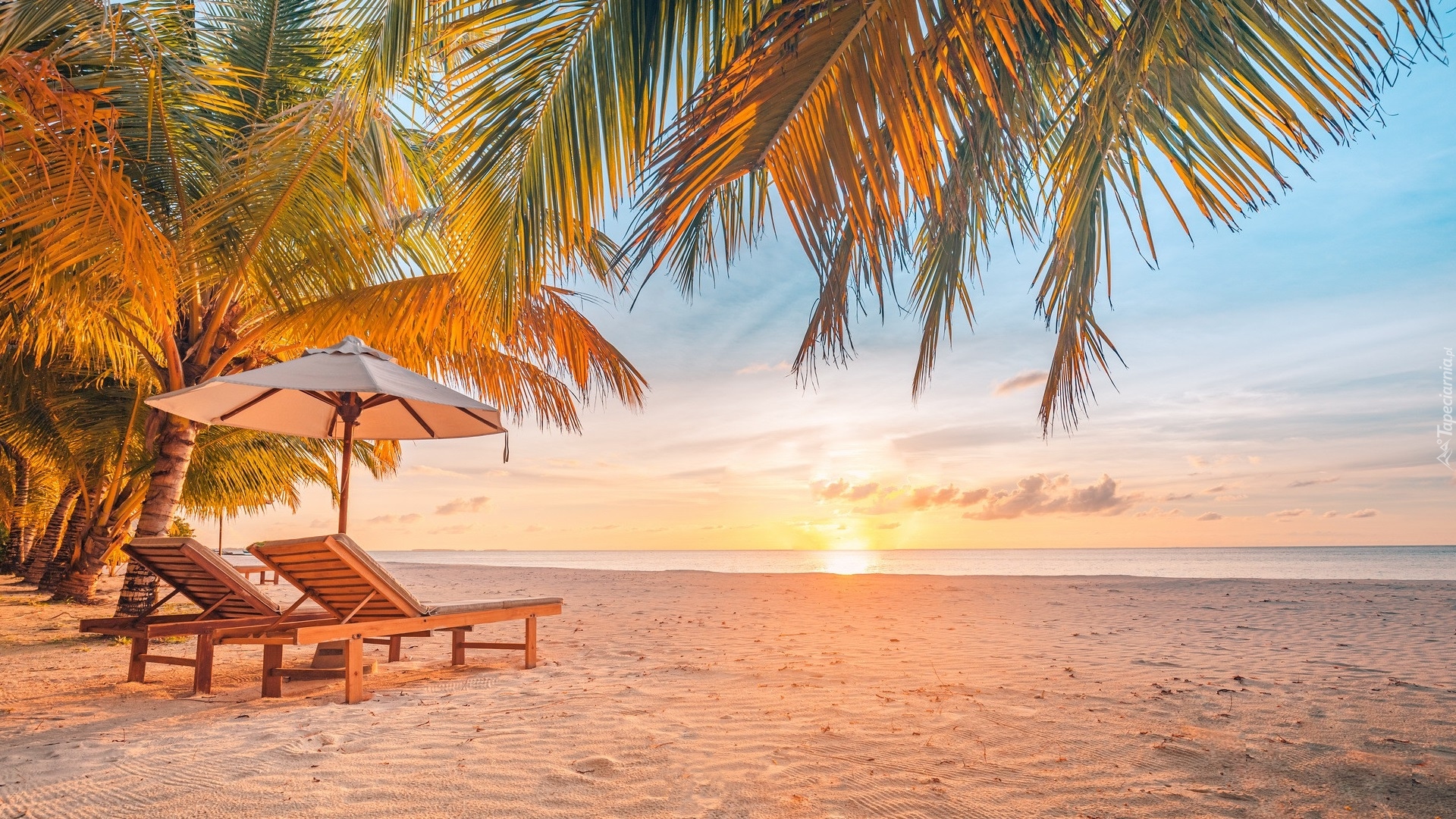Morze, Plaża, Leżaki, Parasol, Palmy, Wschód słońca, Wyspa Dhigurah, Malediwy