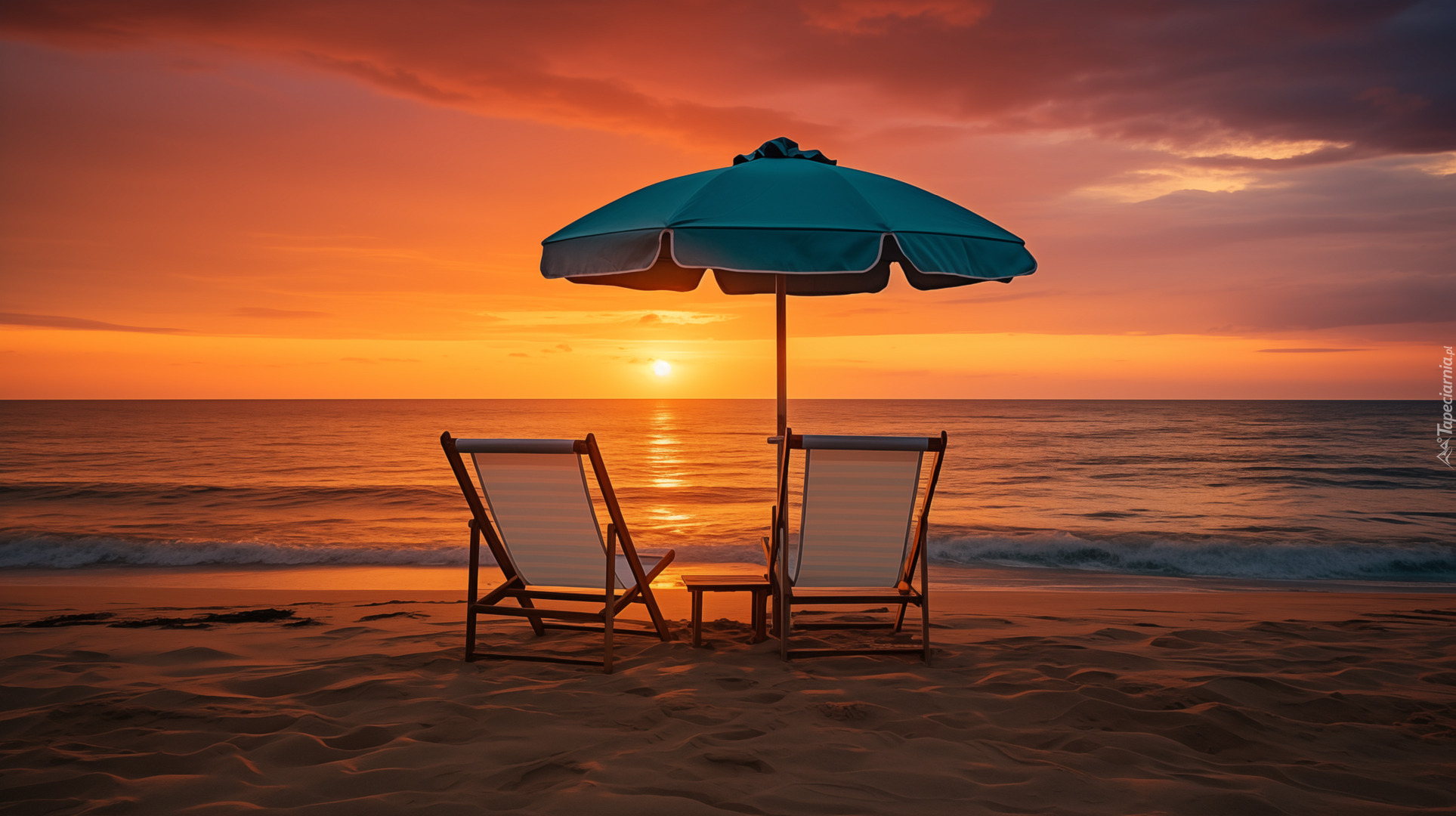 Morze, Plaża, Zachód słońca, Leżaki, Parasol, Grafika