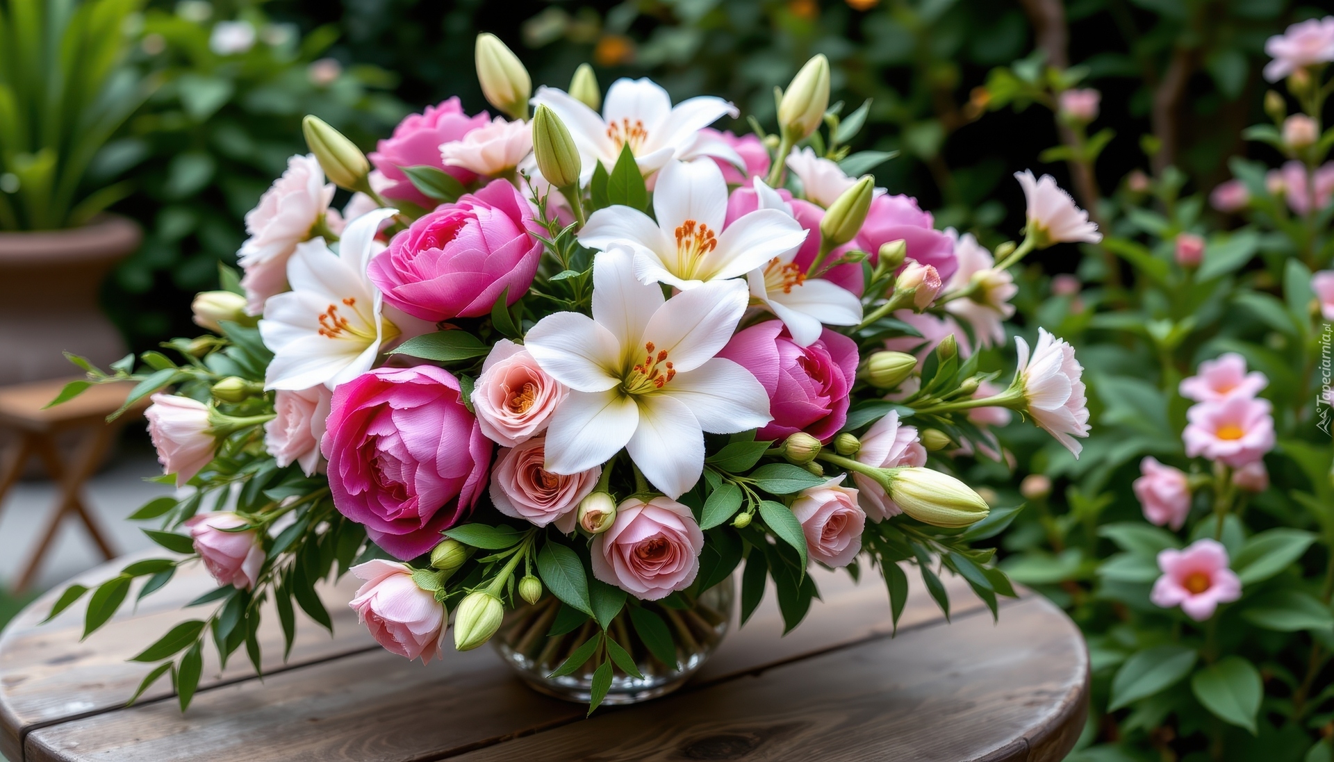 Kwiaty, Kolorowe, Lilie, Piwonie, Kamelie, Bukiet, Wazon, Stół, Ogród, Grafika AI