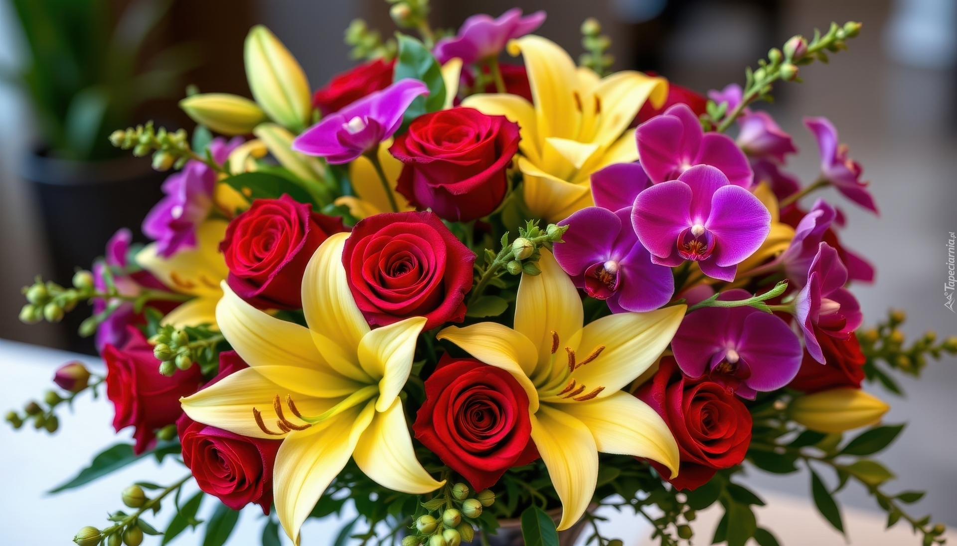 Kwiaty, Żółte, Lilie, Czerwone, Róże, Fioletowe, Storczyki, Bukiet