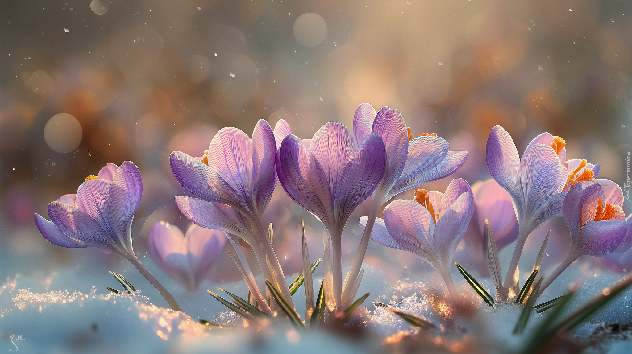 Krokusy, Kwiaty, Śnieg, Grafika AI