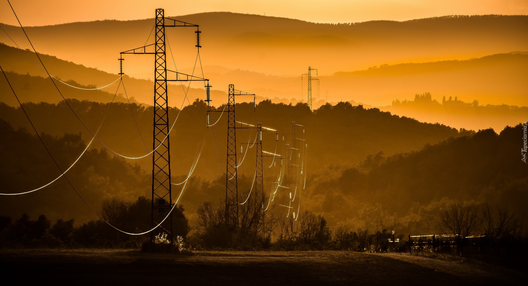 Pole, Słupy, Linie, Elektroenergetyczne, Droga, Domy, Drzewa, Wzgórza