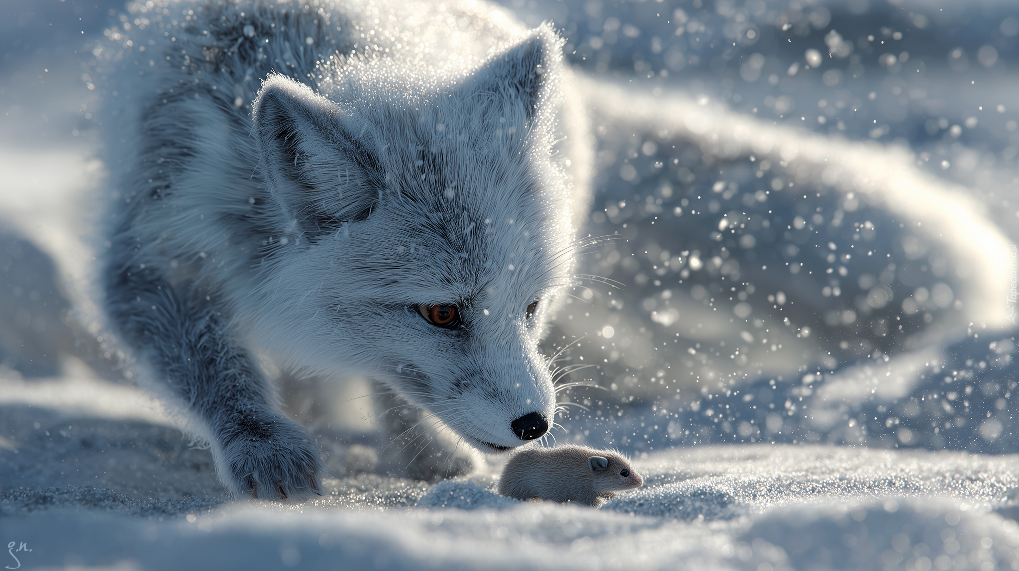 Lis polarny, Mysz, Śnieg, Zima, Grafika AI