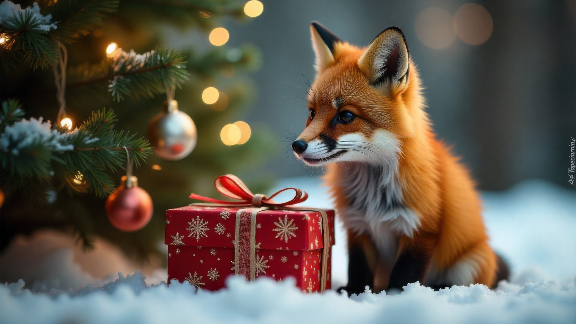 Boże Narodzenie, Choinka, Bombki, Prezent, Lis, Śnieg, AI