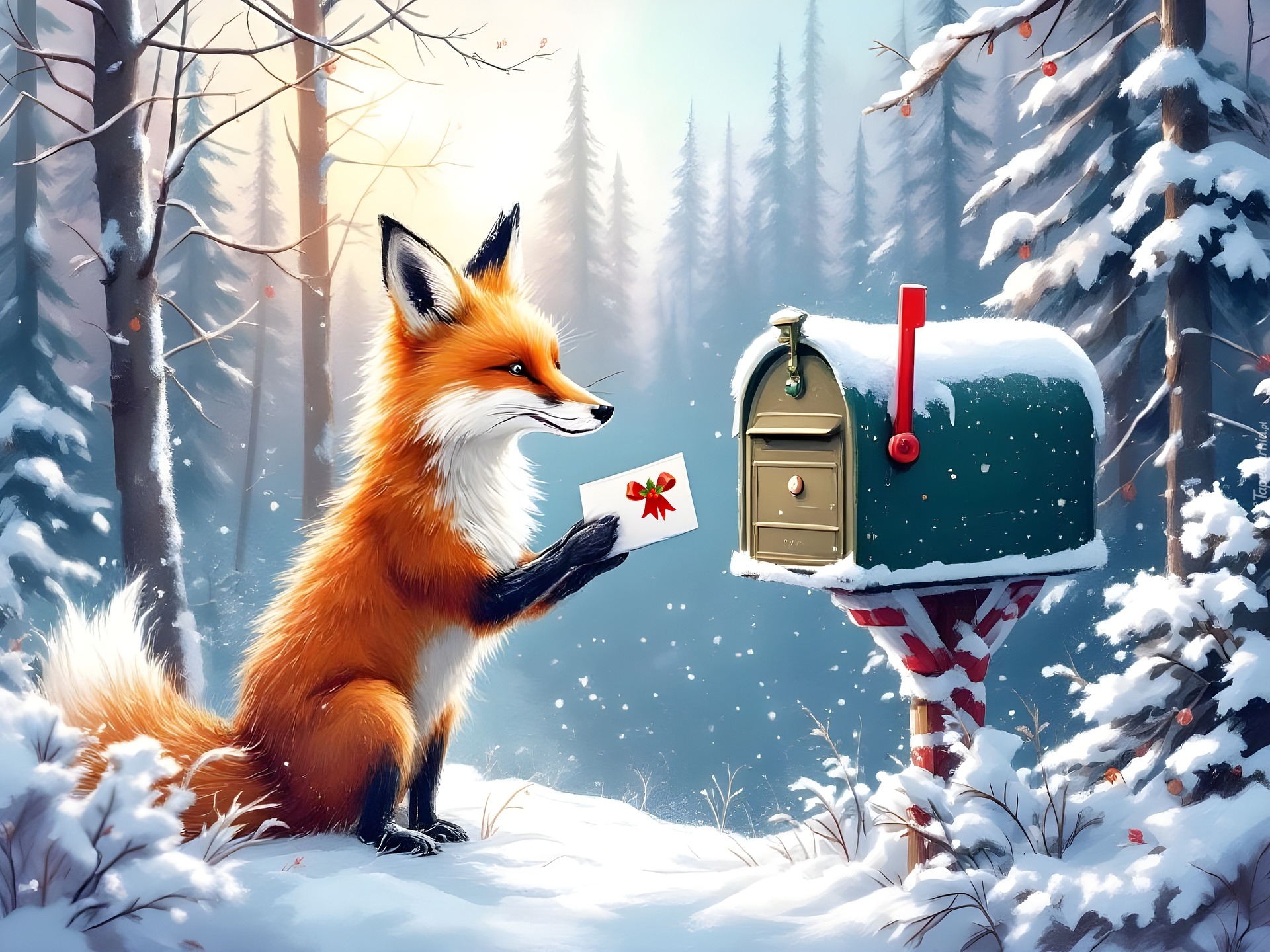 Zima, Las, Skrzynka, Pocztowa, Lis, List, Grafika