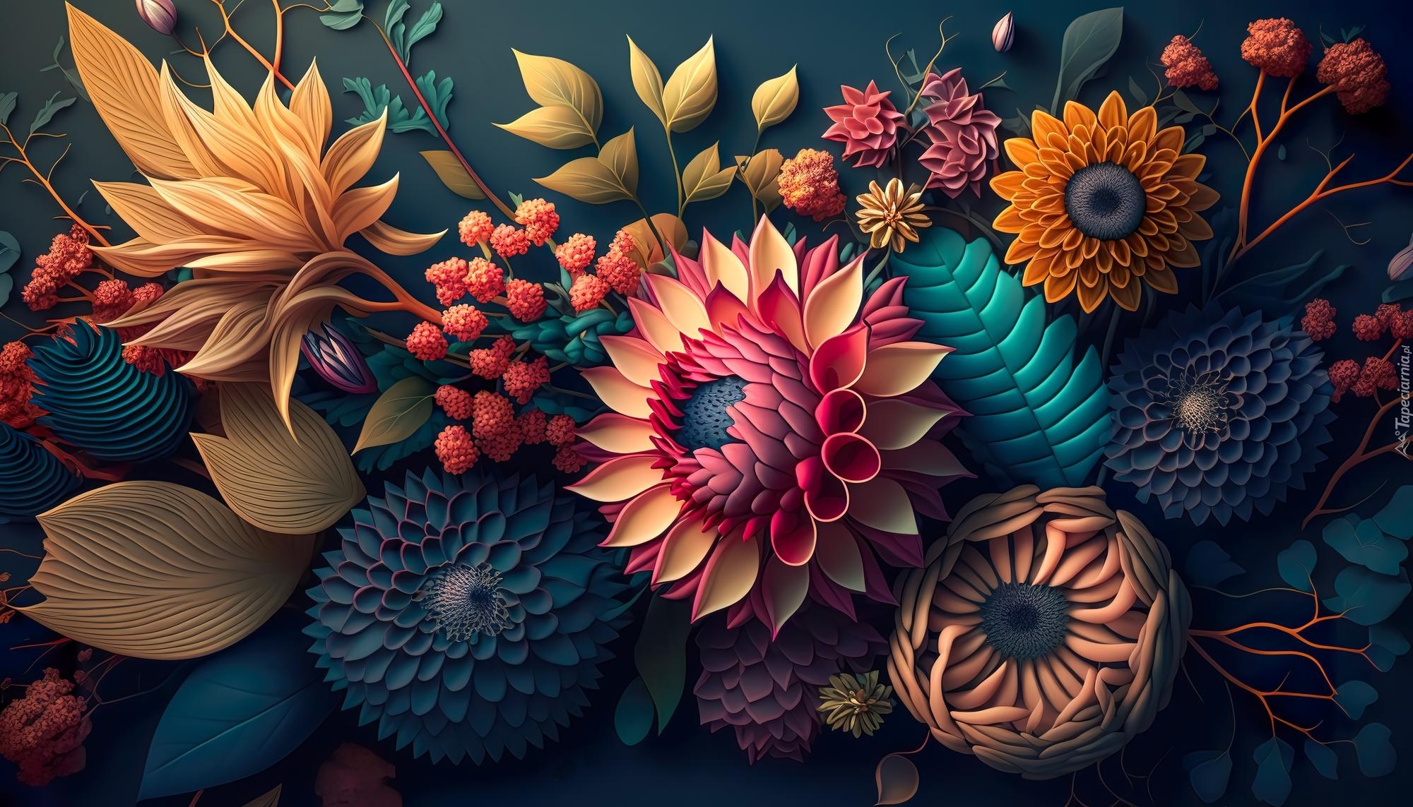 Egzotyczne, Kolorowe, Kwiaty, Grafika AI