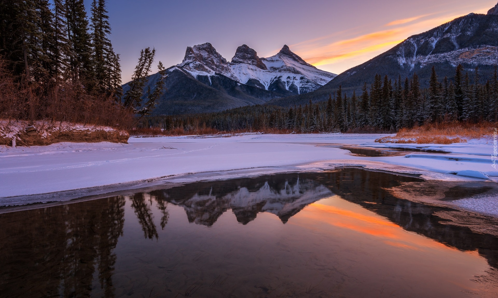 Kanada, Alberta, Góry, Canadian Rockies, Góra Three Sisters, Rzeka, Bow River, Drzewa, Zima