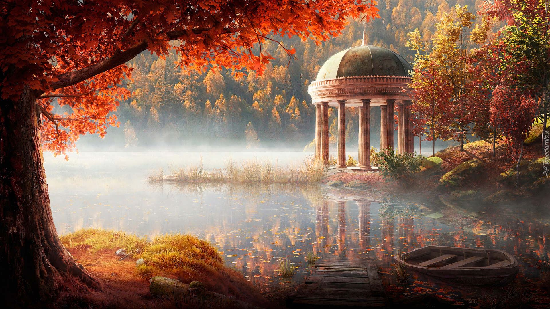 Jesień, Staw, Łódka, Drzewa, Budowla, Kolumny, Mgła