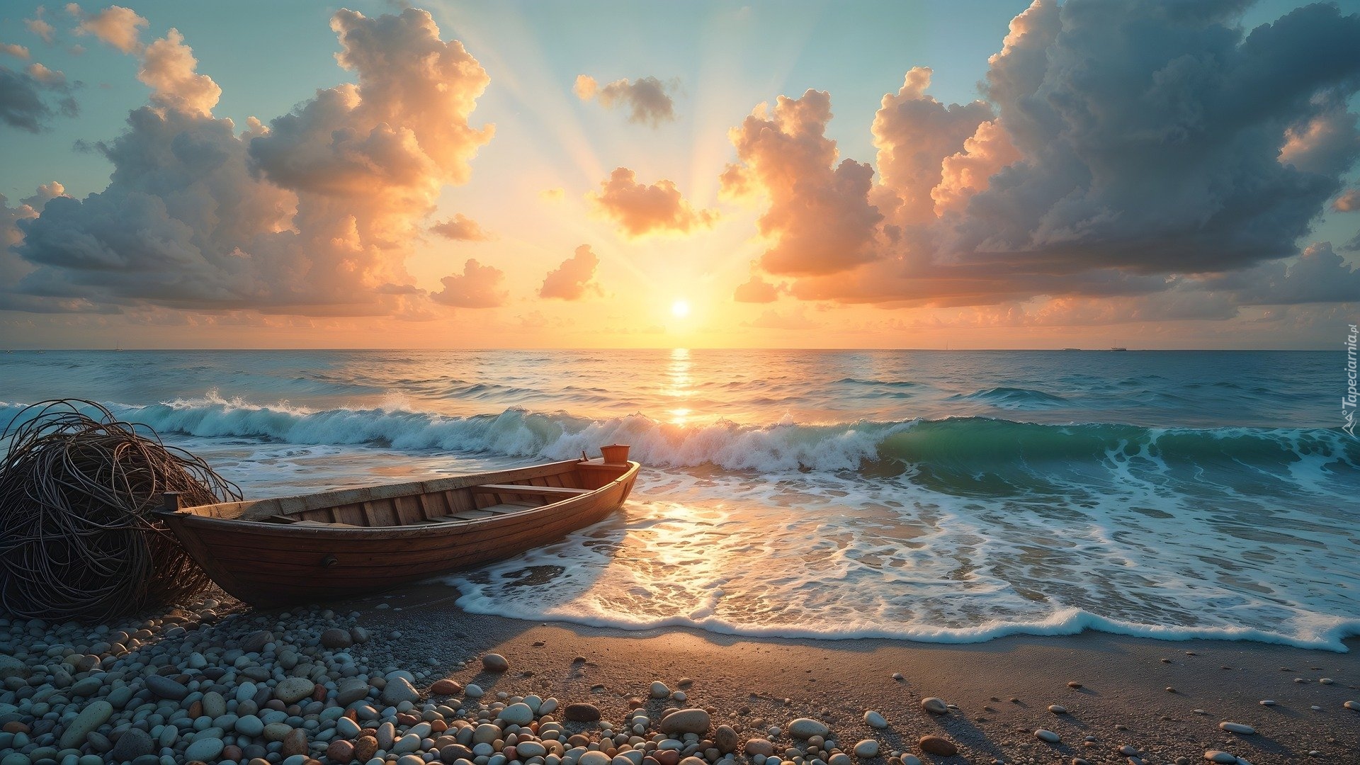 Morze, Łódka, Plaża, Fale, Zachód słońca