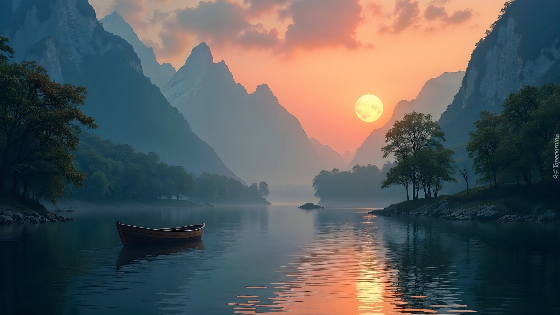 Jezioro, Góry, Drzewa, Łódka, Zachód słońca