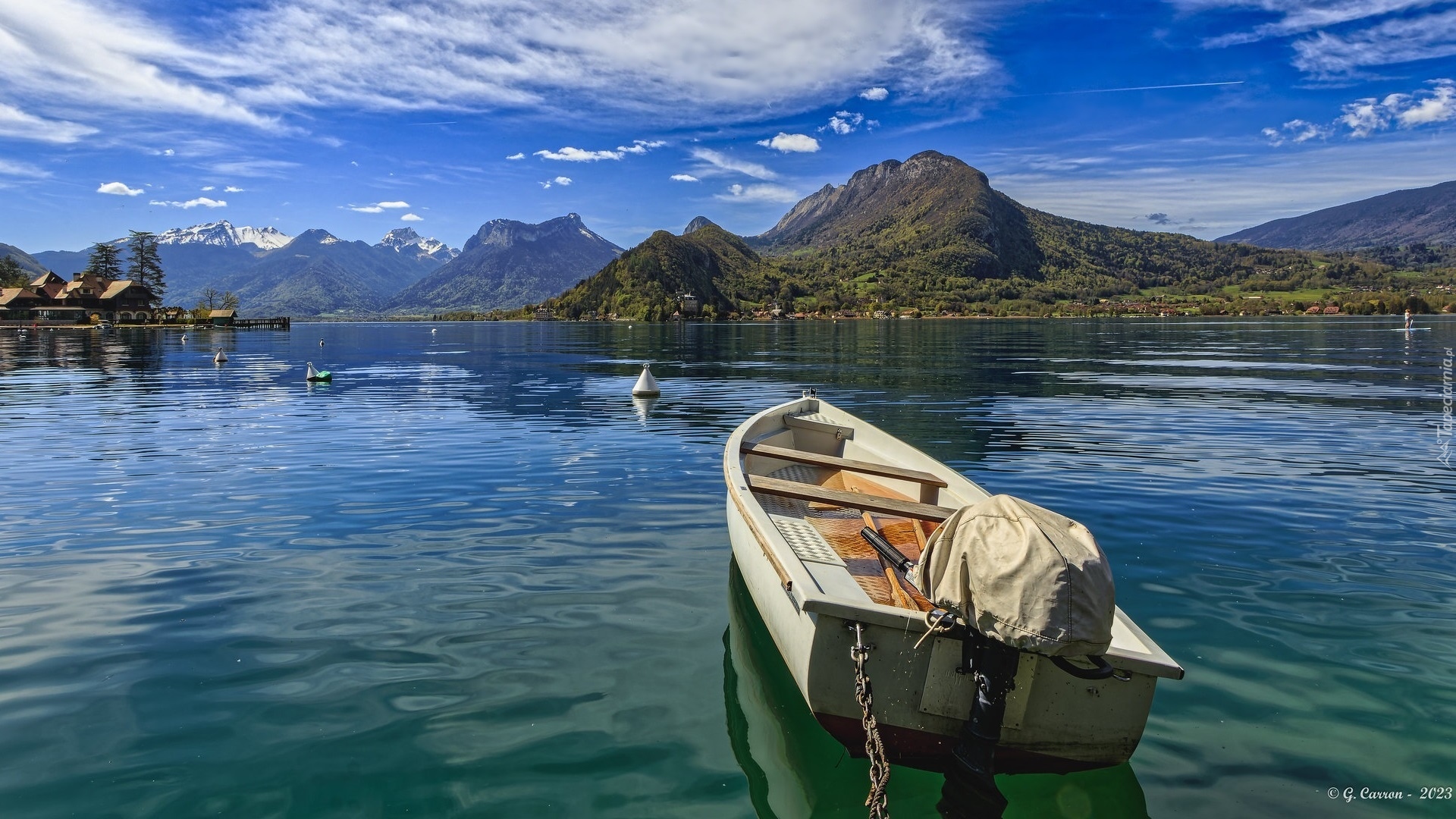 Góry, Alpy, Jezioro Annecy, Domy, Łódka, Annecy, Francja