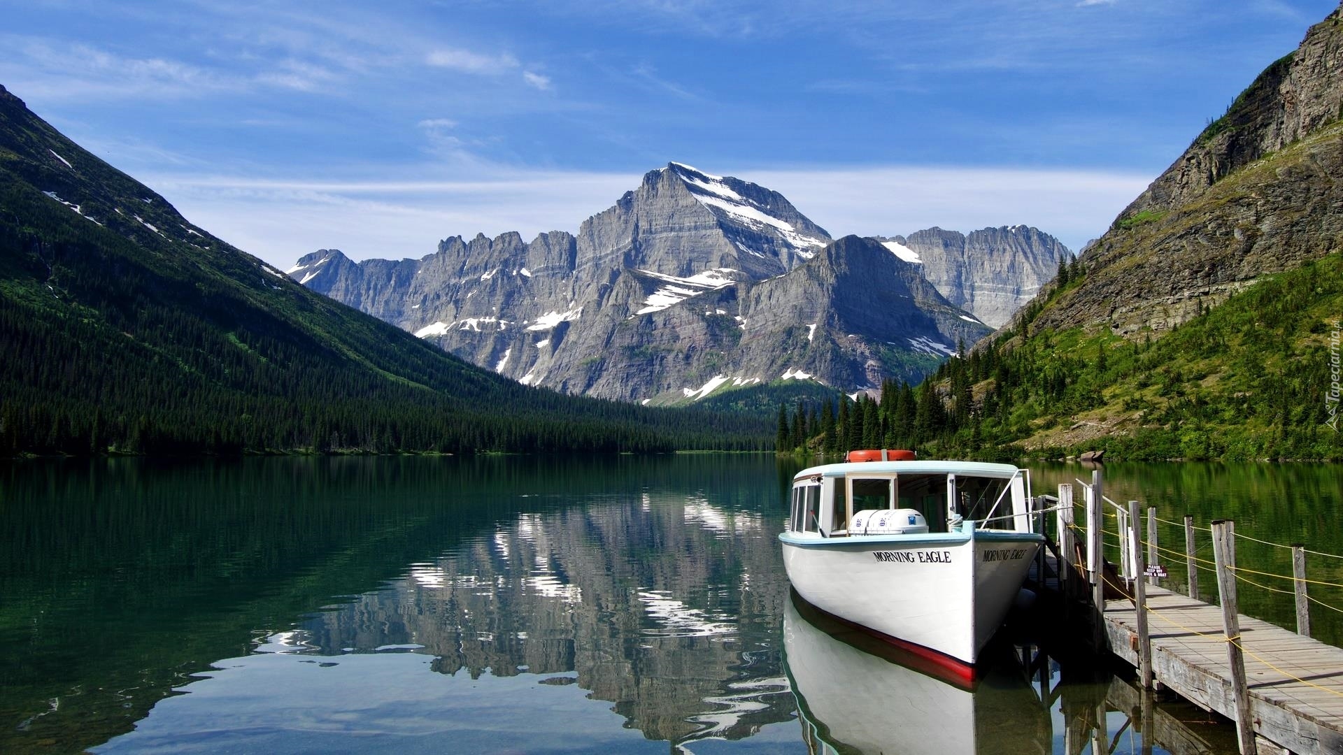 Stany Zjednoczone, Montana, Park Narodowy Glacier, Jezioro, Josephine Lake, Góry, Mount Gould, Las, Łódź, Pomost