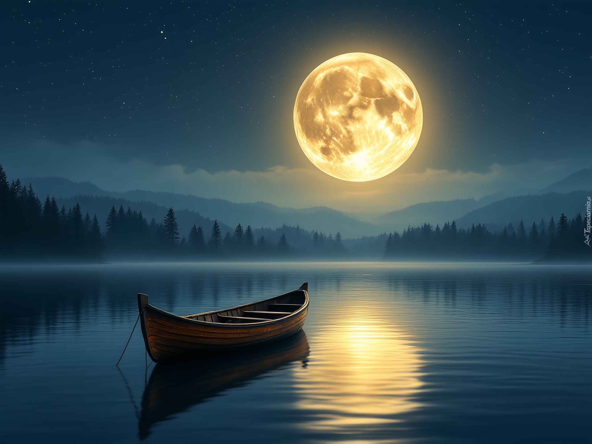 Noc, Księżyc, Łódka, Jezioro, AI