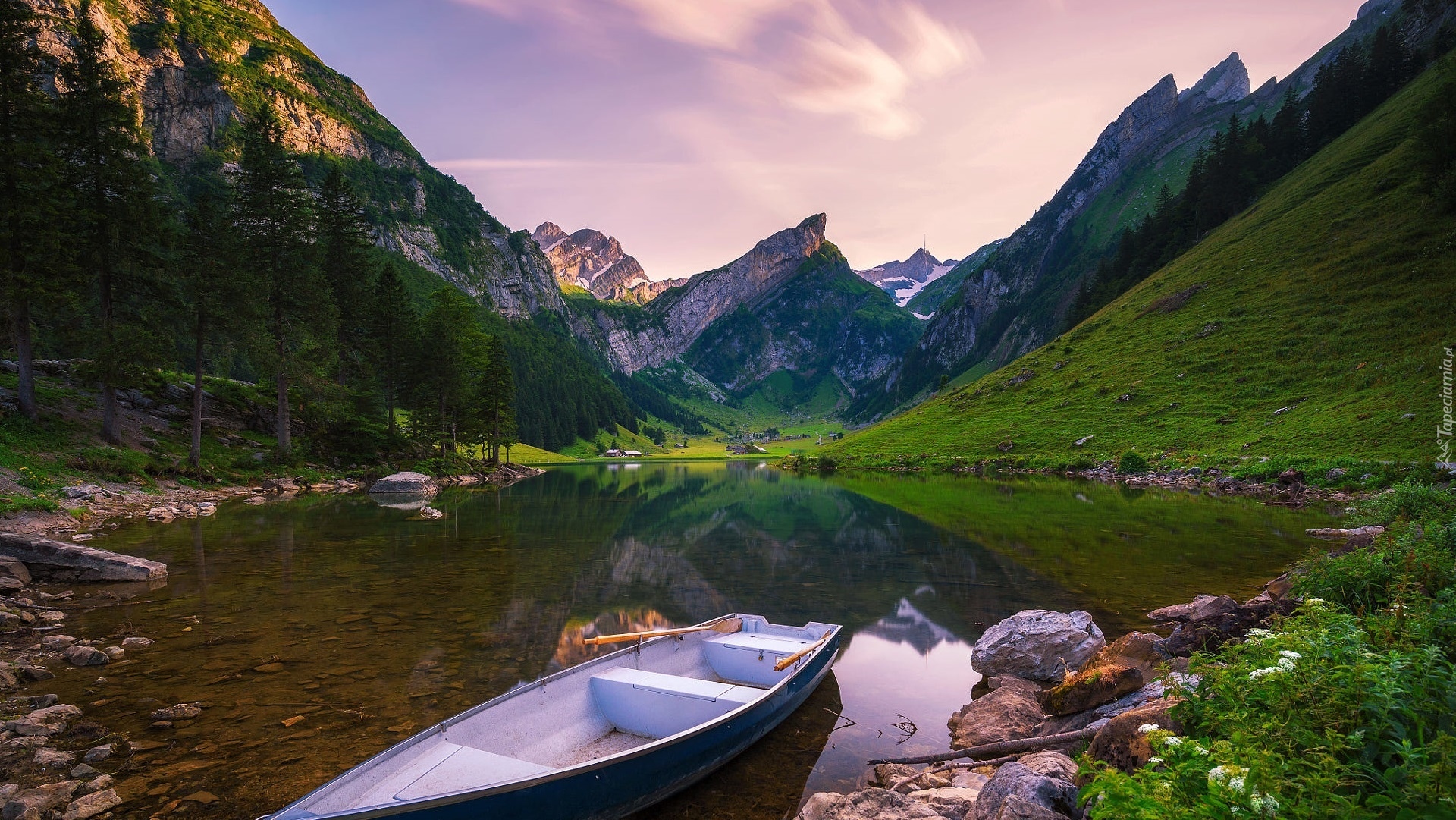 Szwajcaria, Góry, Alpy, Jezioro Seealpsee, Kamienie, Drzewa, Łódka, Domy