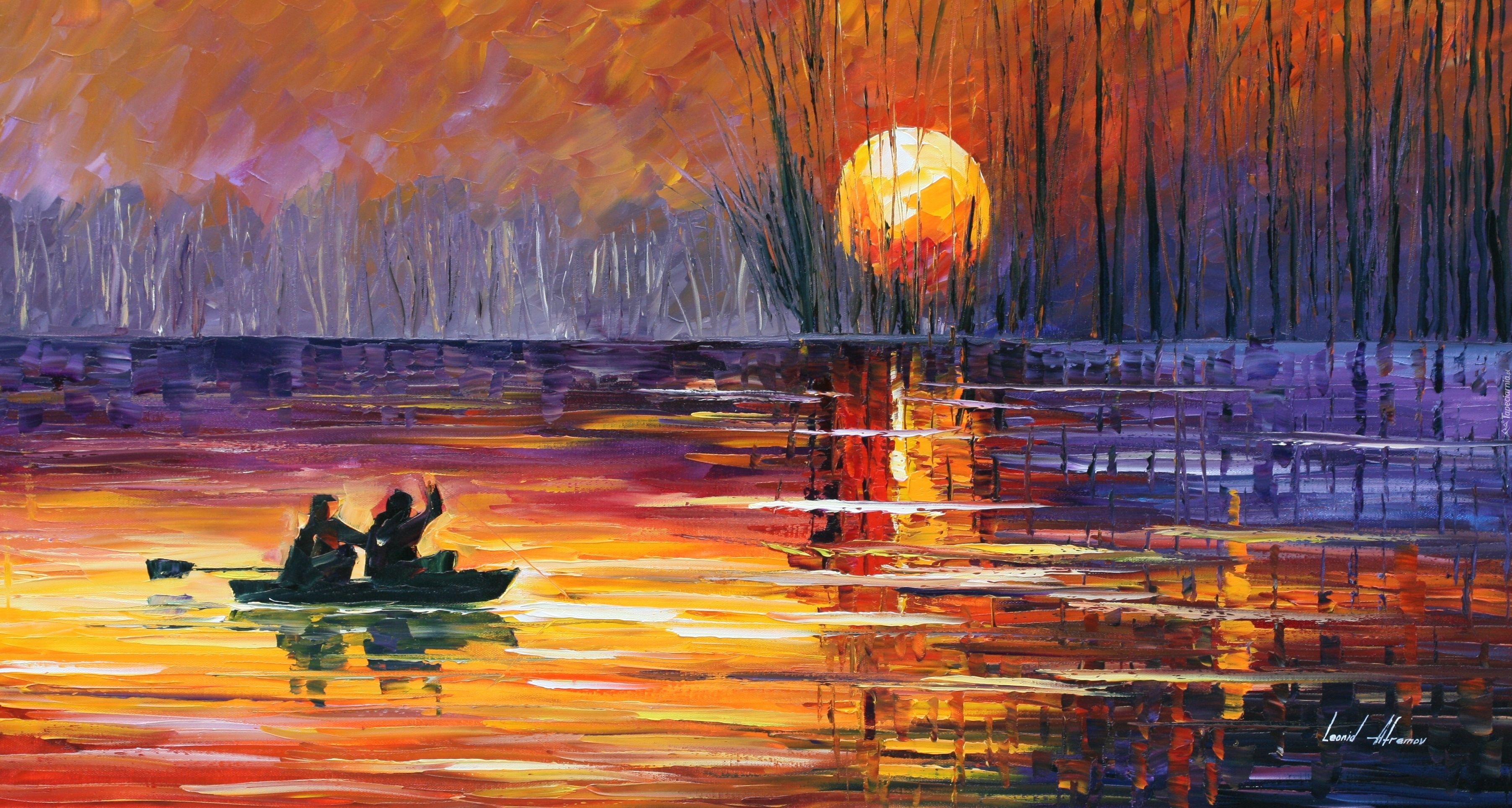 Malarstwo, Leonid Afremov, Jezioro, Łódka, Drzewa, Wschód słońca