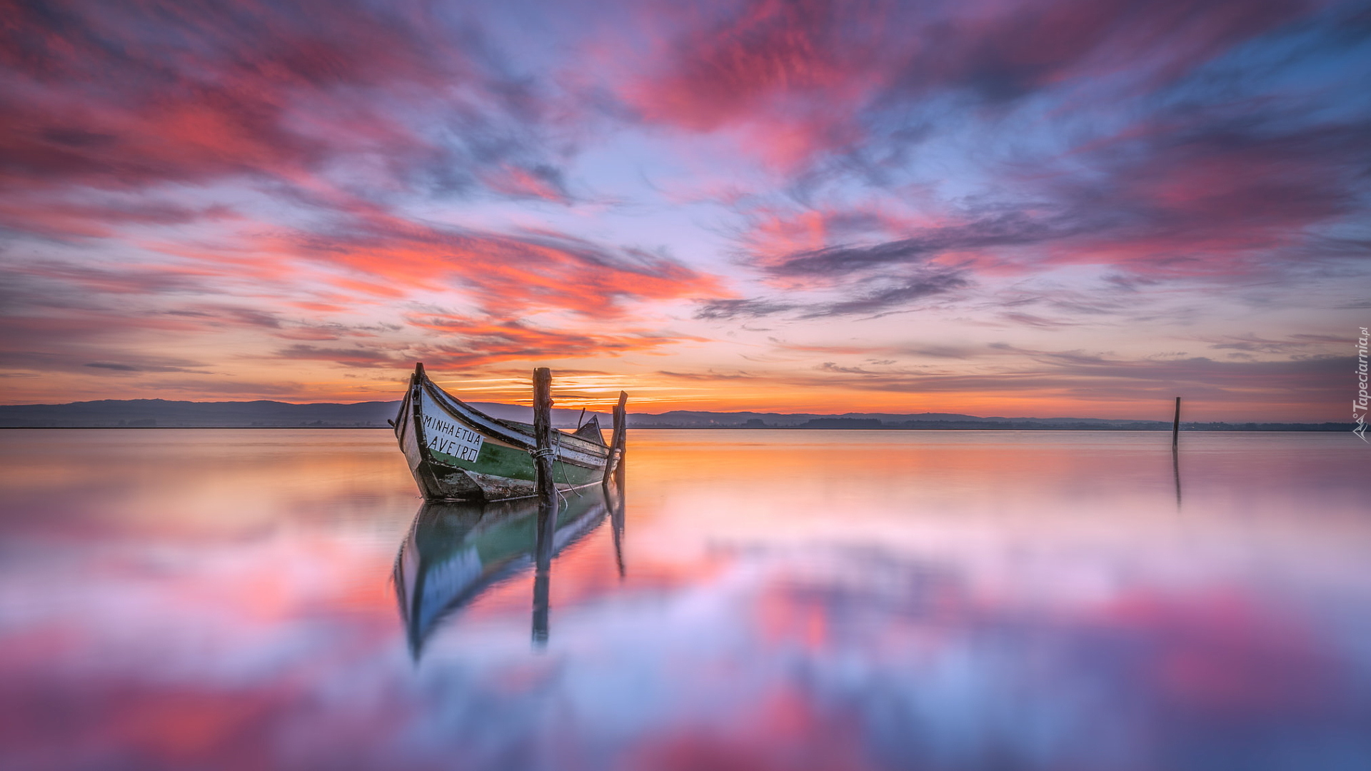 Rzeka, Laguna, Zalew, Ria de Aveiro, Łódka, Wschód słońca, Portugalia