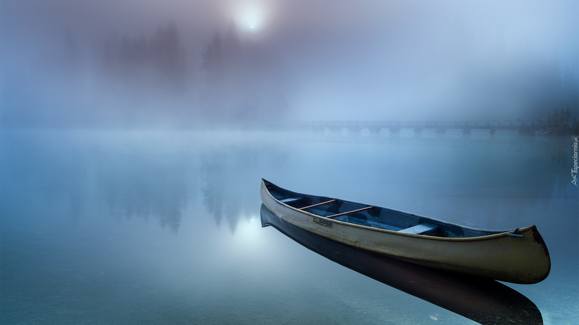 Kanada, Łódka, Jezioro Emerald Lake, Mgła, Most