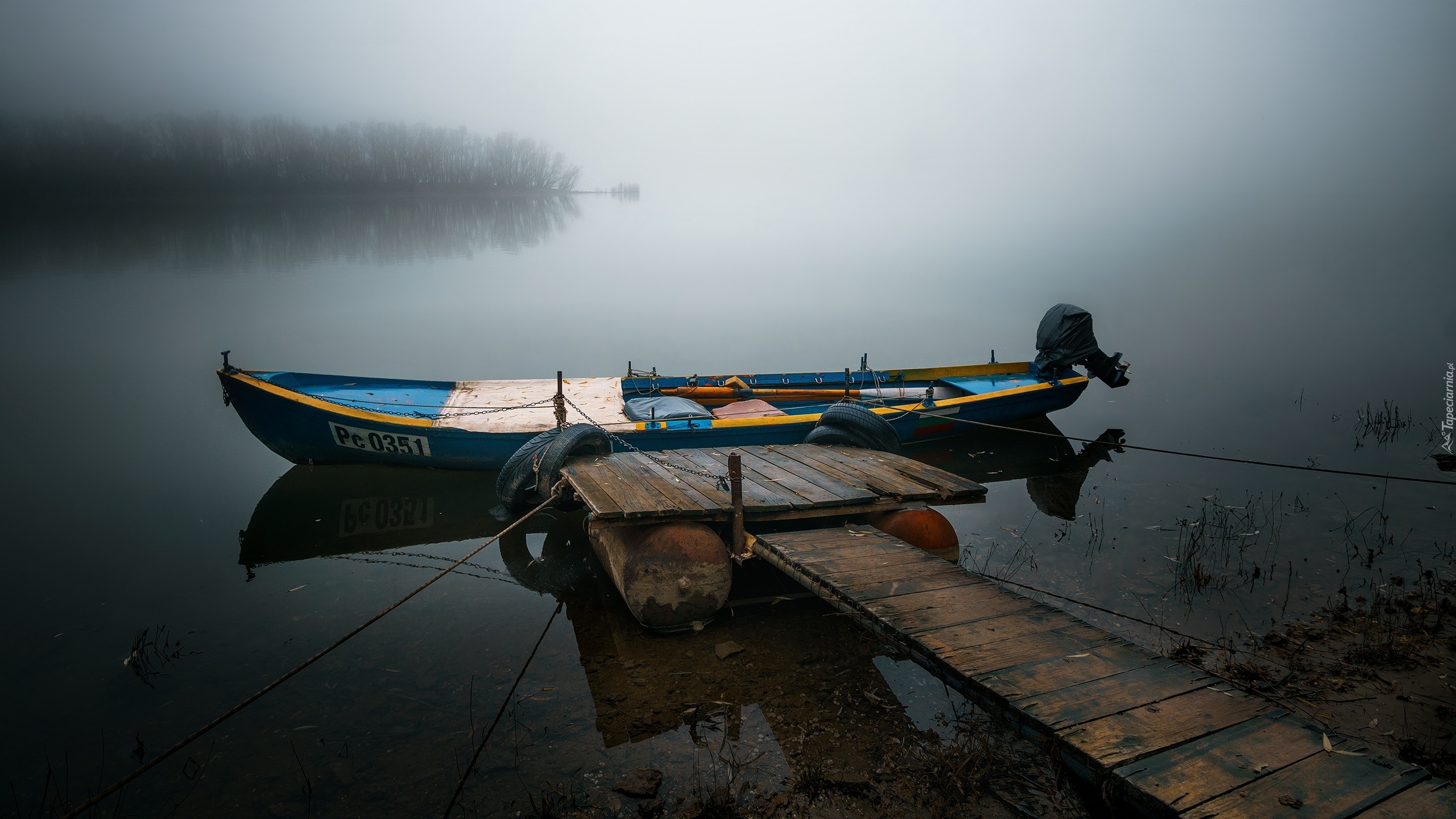 Jezioro, Mgła, Pomost, Łódka