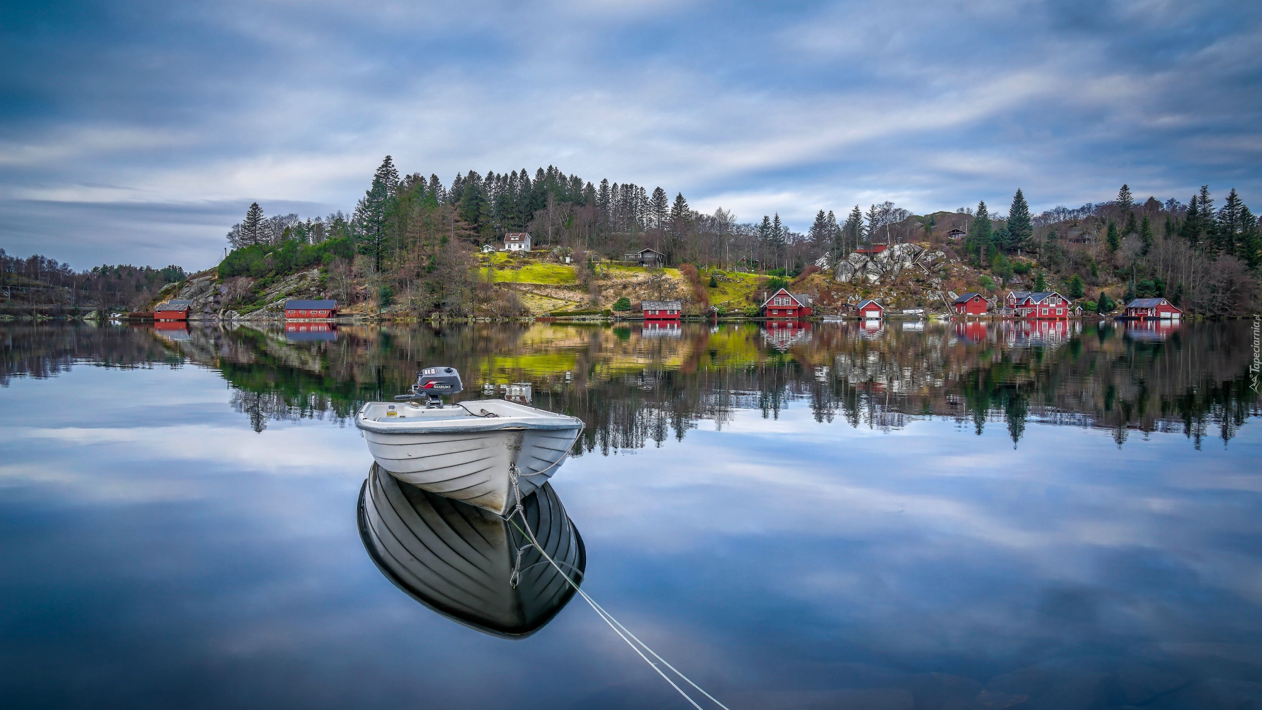 Norwegia, Gmina Eigersund, Rogaland, Łódka, Domy, Skały, Drzewa Morze