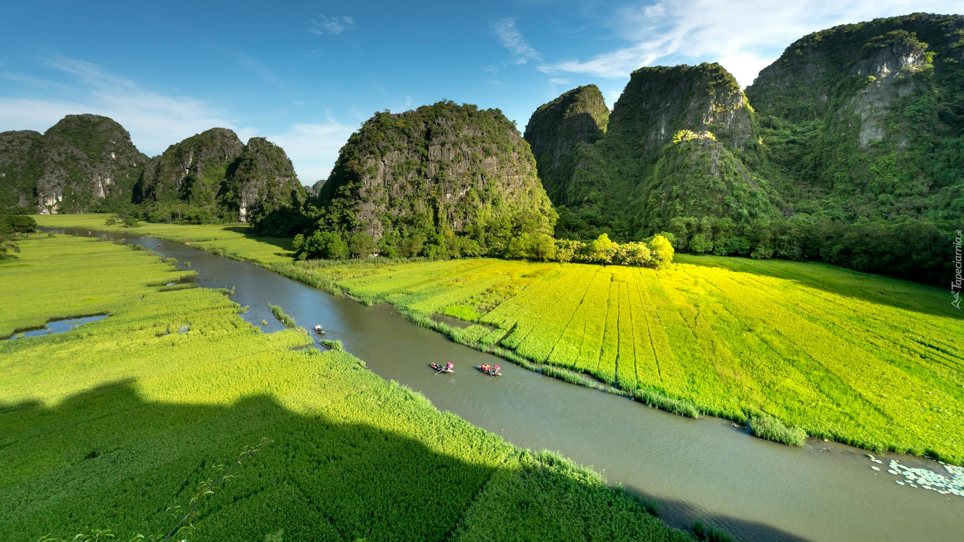 Wietnam, Ninh Binh, Rzeka, Ngo Dong, Pola, Łódki, Góry, Atrakcja turystyczna, Tam Coc Ninh Binh