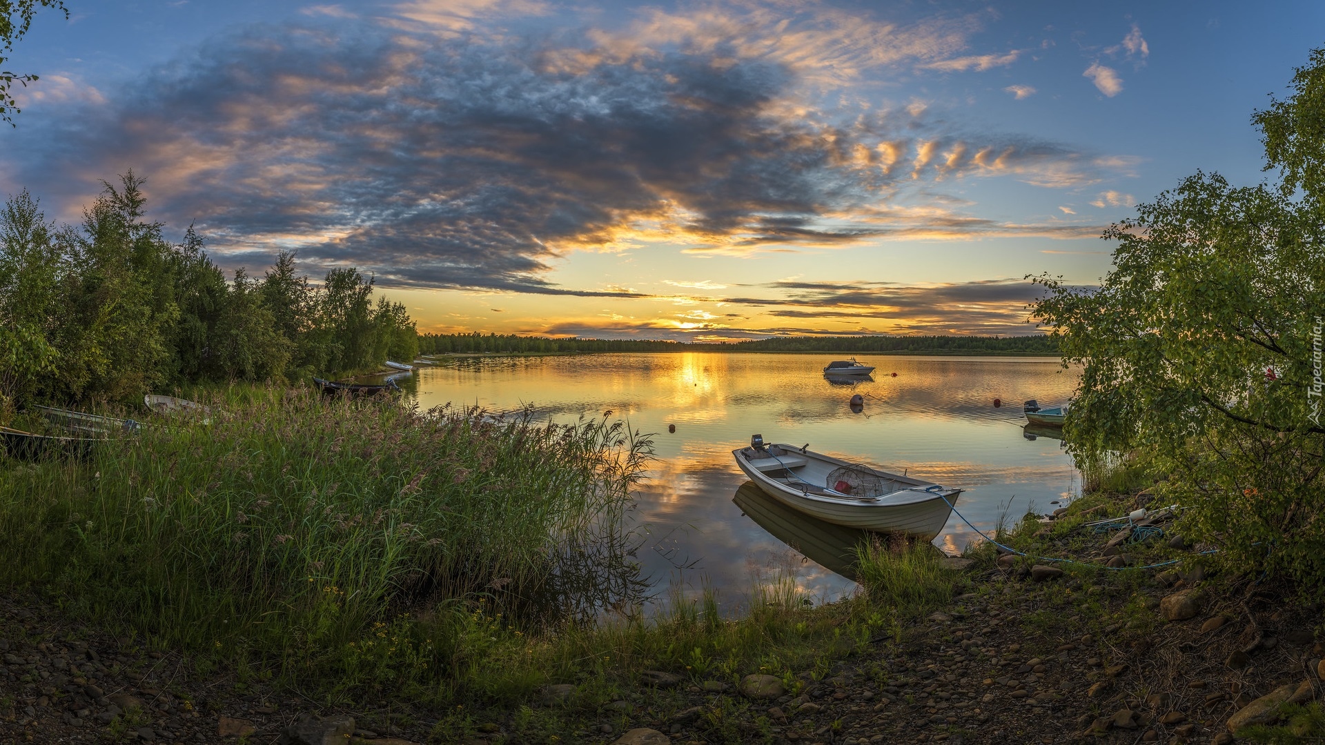 Lato, Zachód słońca, Jezioro, Łódki, Drzewa, Trawa, Hailuoto, Finlandia