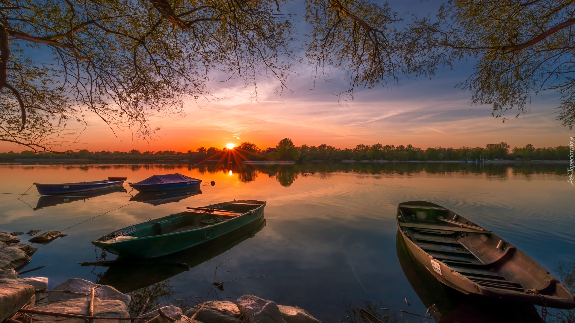 Jezioro, Łódki, Zachód słońca, Gałęzie