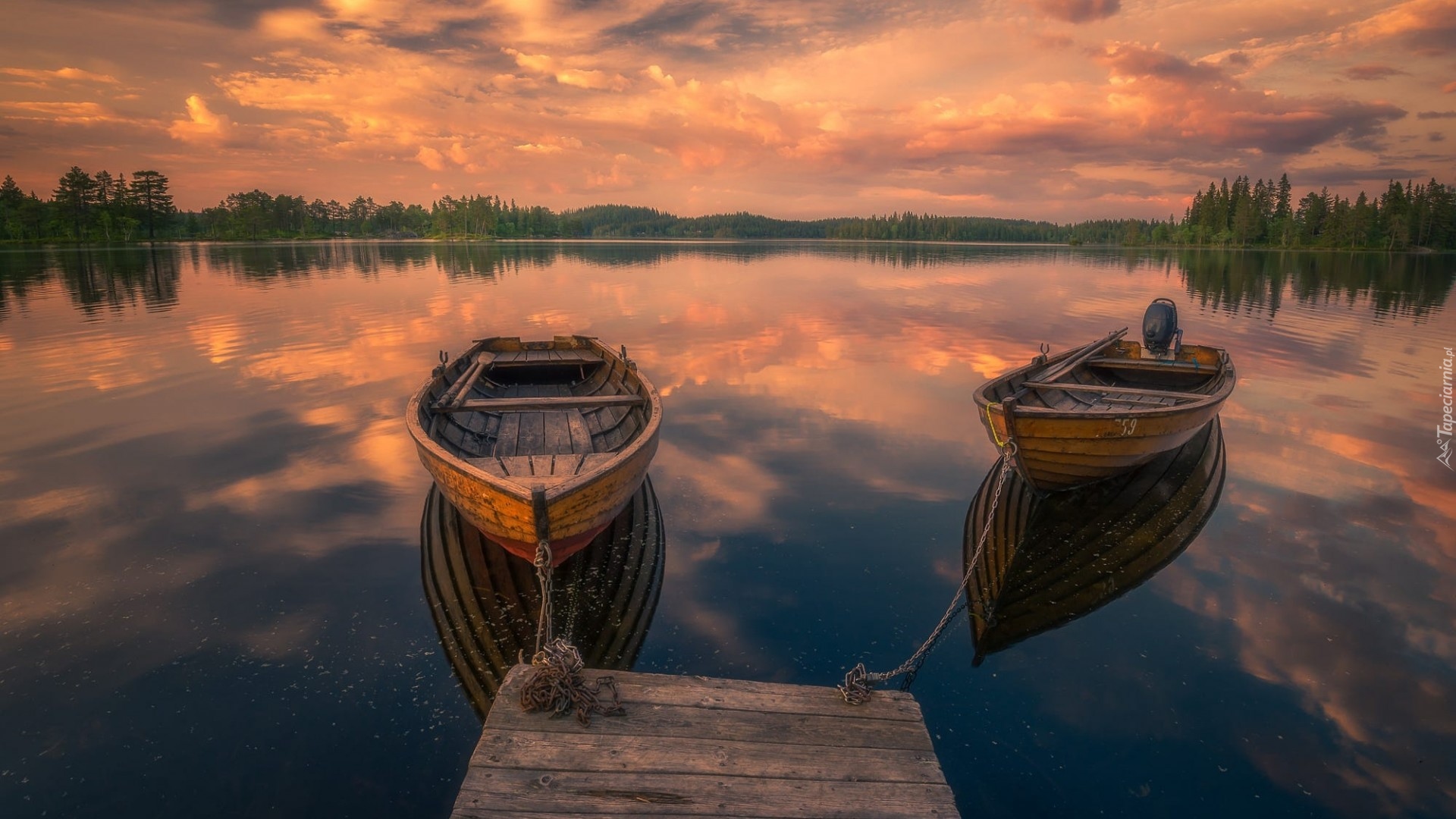 Norwegia, Ringerike, Łódki, Jezioro, Pomost, Zachód Słońca