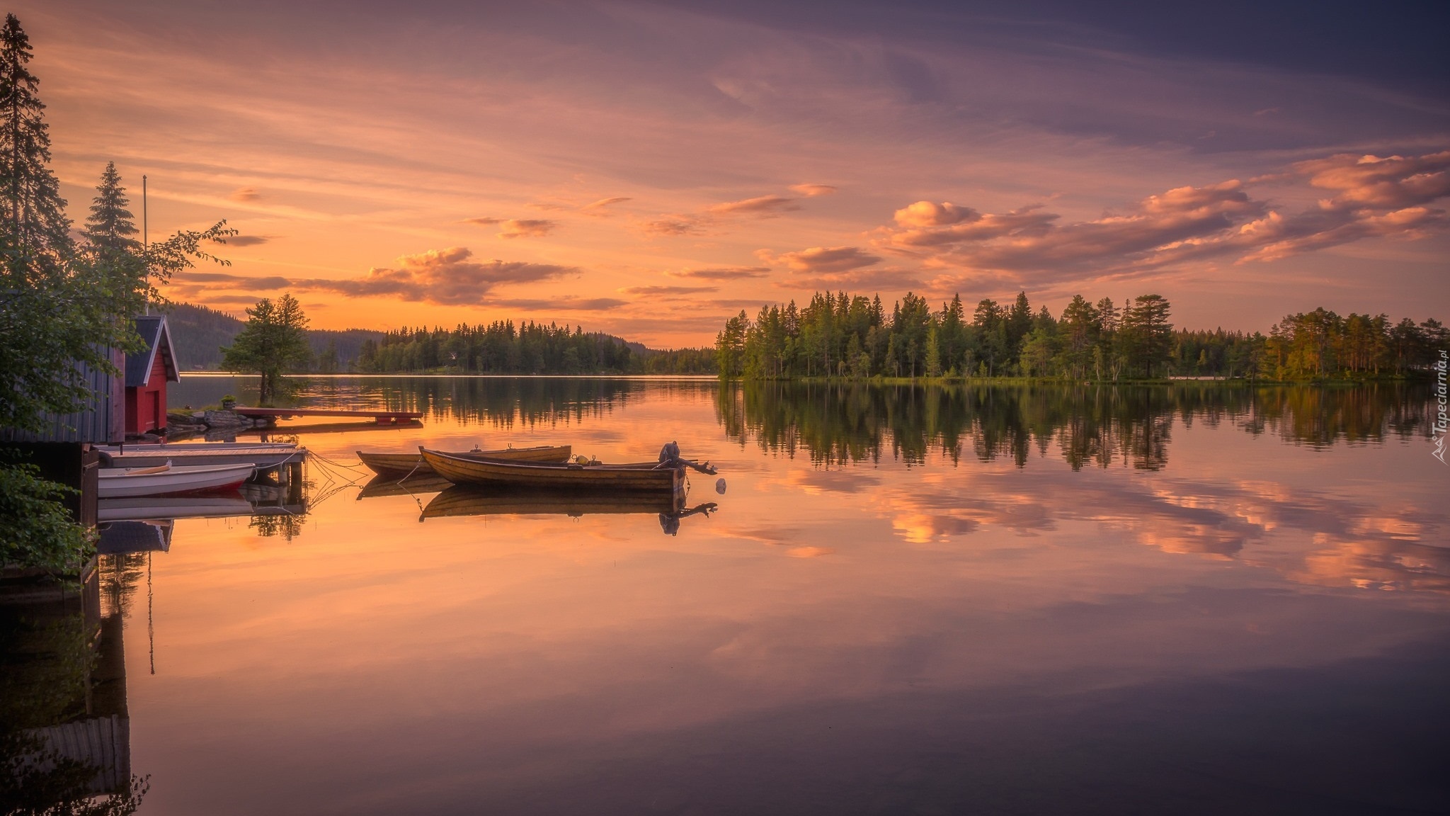 Norwegia, Ringerike, Jezioro, Las, Łódki, Zachód słońca