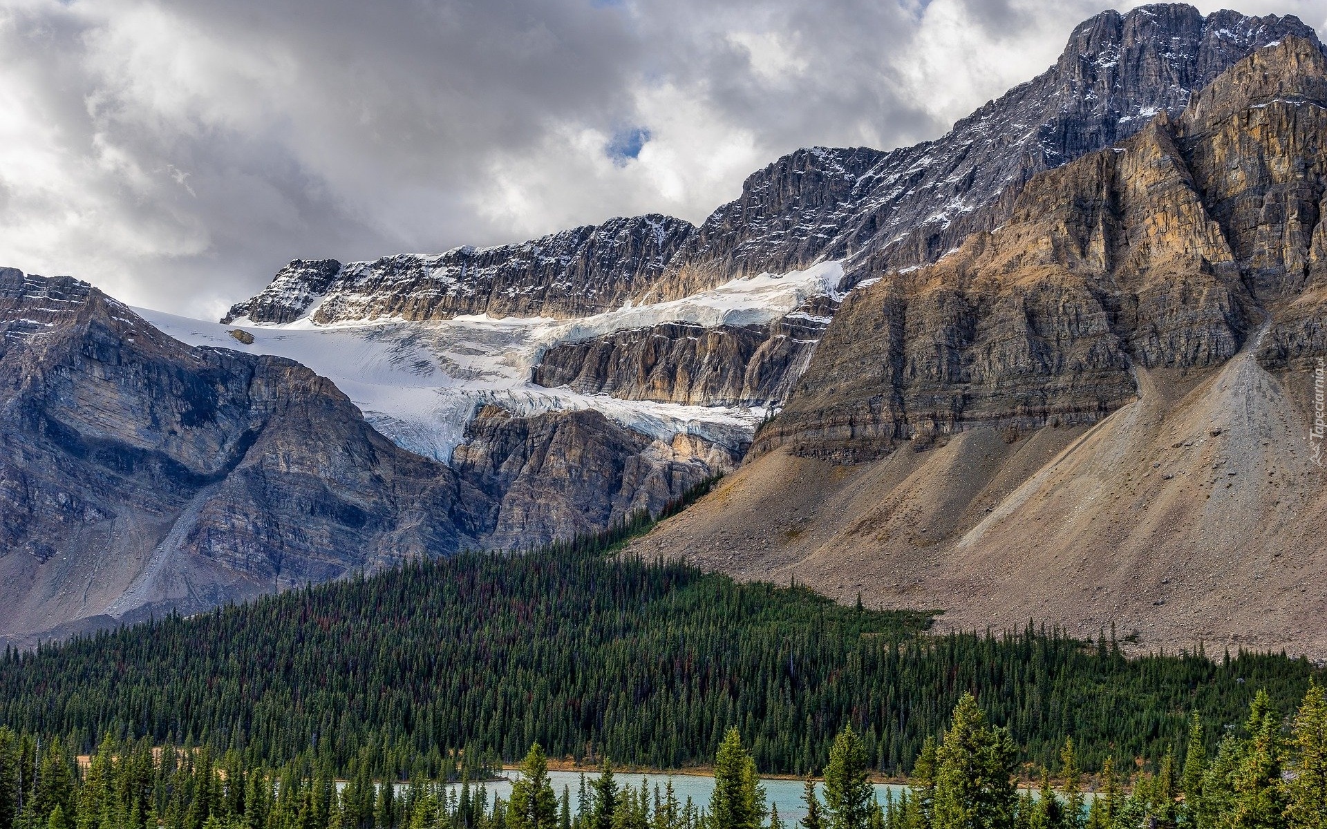 Góry, Lodowiec, Crowfoot Glacier, Drzewa, Lasy, Jezioro, Lake Louise, Park Narodowy Banff, Prowincja Alberta, Kanada