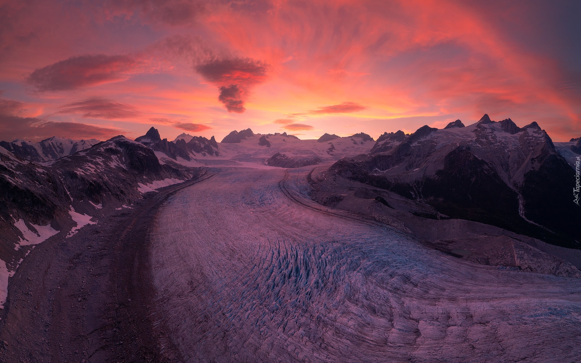 Zima, Lodowiec, Kaskawulsh Glacier, Góry, Zachód słońca, Park Narodowy Kluane, Kolumbia Brytyjska, Kanada