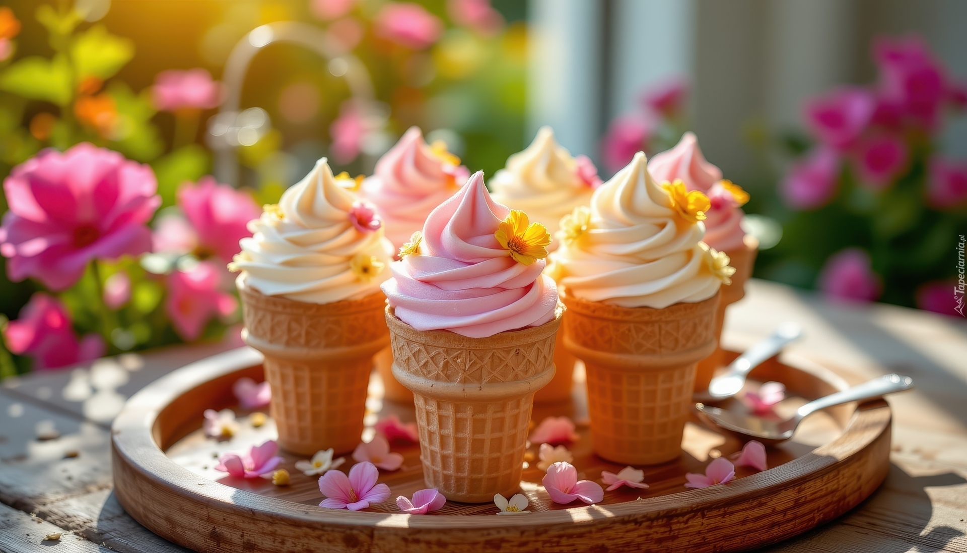 Lody, Wafelki, Płatki, Kwiaty, Taca